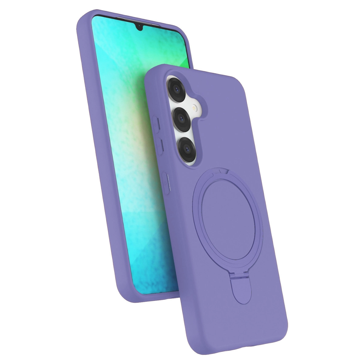 Halka tutuculu ve üç kamera lensli mor telefon kılıfı.