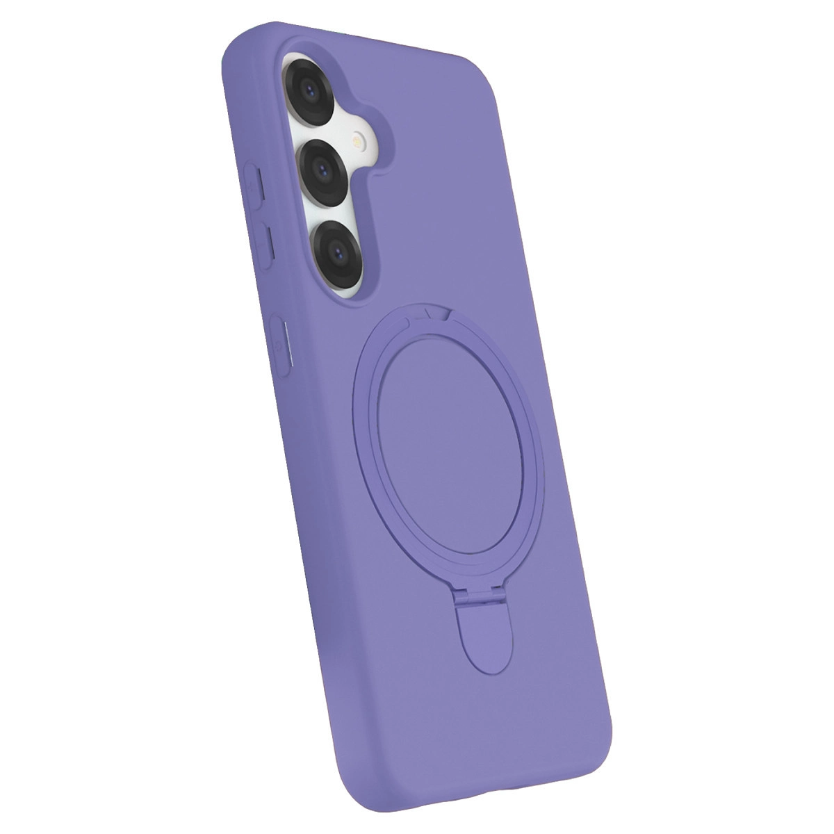 Halka tutuculu ve üç kamera lensli mor telefon kılıfı.