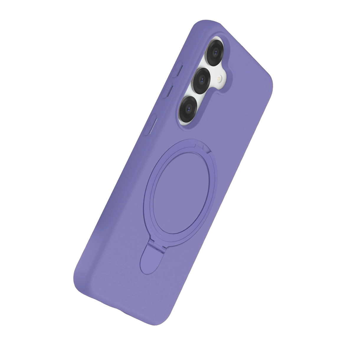 Halka tutuculu ve üç lensli mor telefon kılıfı.