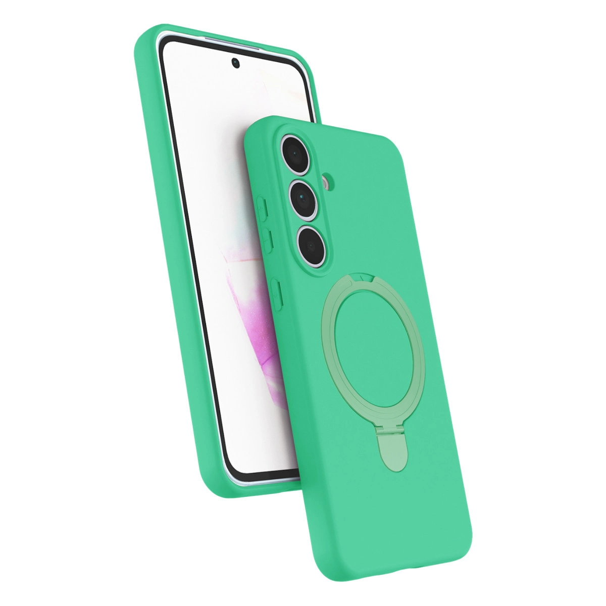 Akıllı telefonda halka tutuculu ve üç kamera lensli yeşil telefon kılıfı.