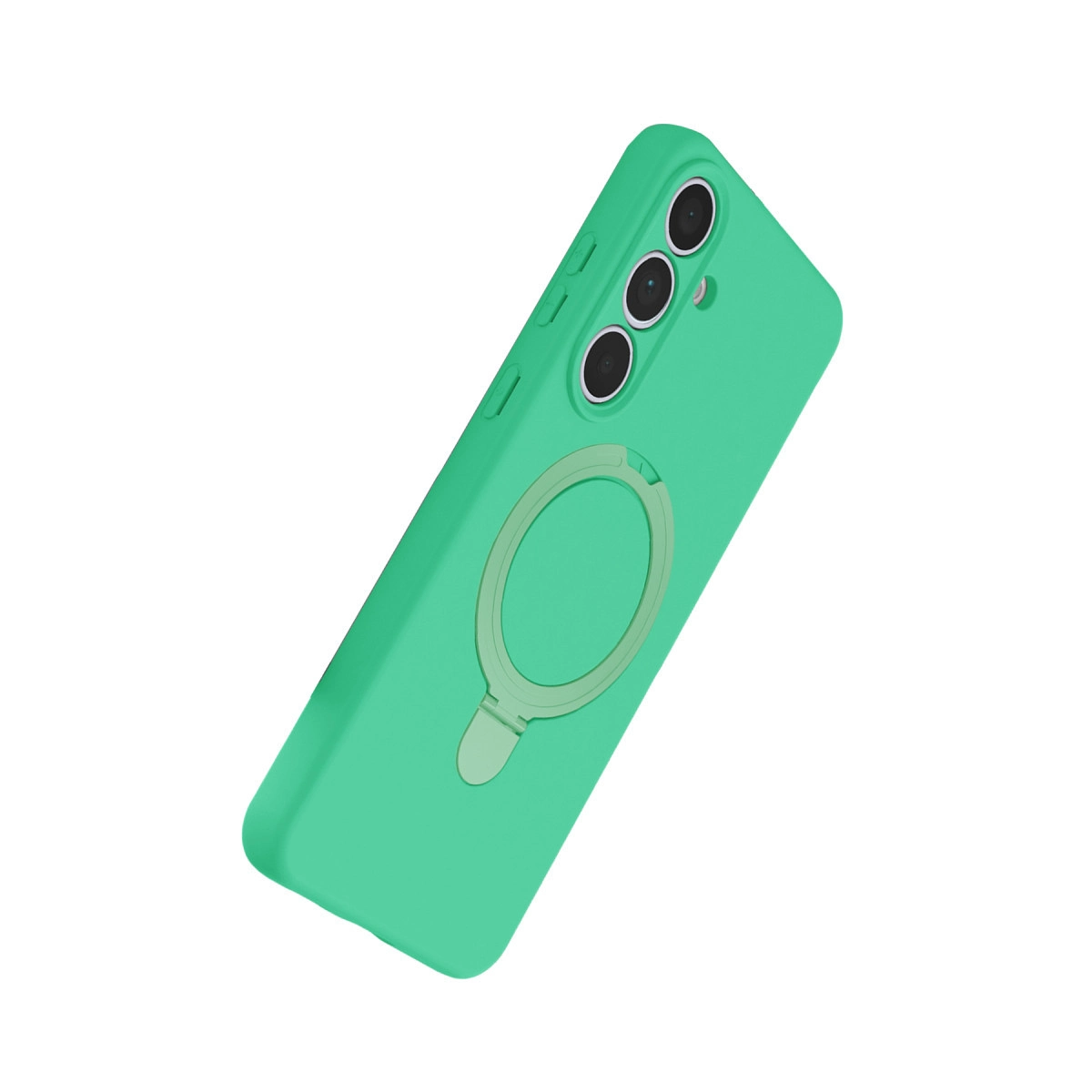 Üçlü kamera kesimli ve halka tutuculu turkuaz telefon kılıfı.