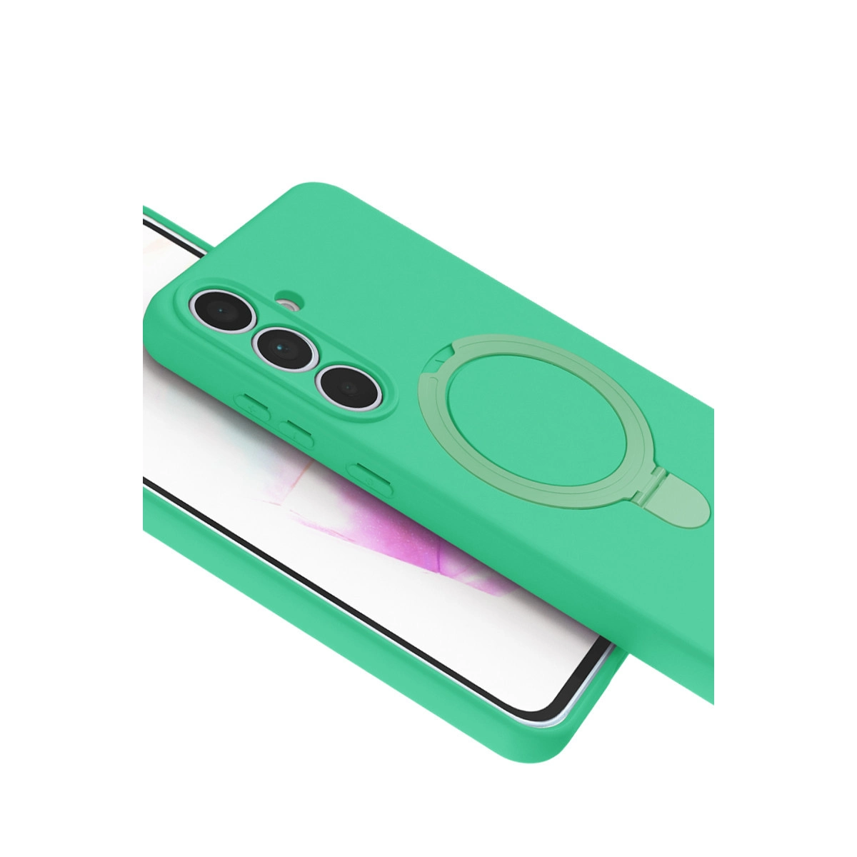 Halka tutuculu ve üç kamera lensli yeşil telefon kılıfı, beyaz arka plan.