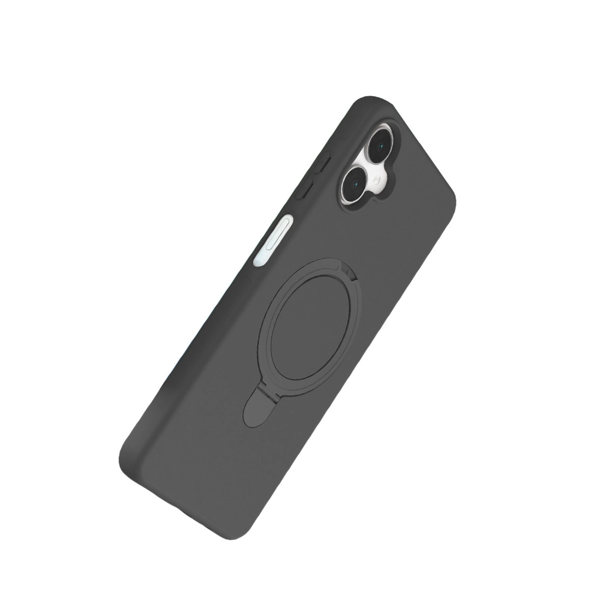 Halka tutuculu ve iki kamera lensli koyu gri telefon kılıfı.