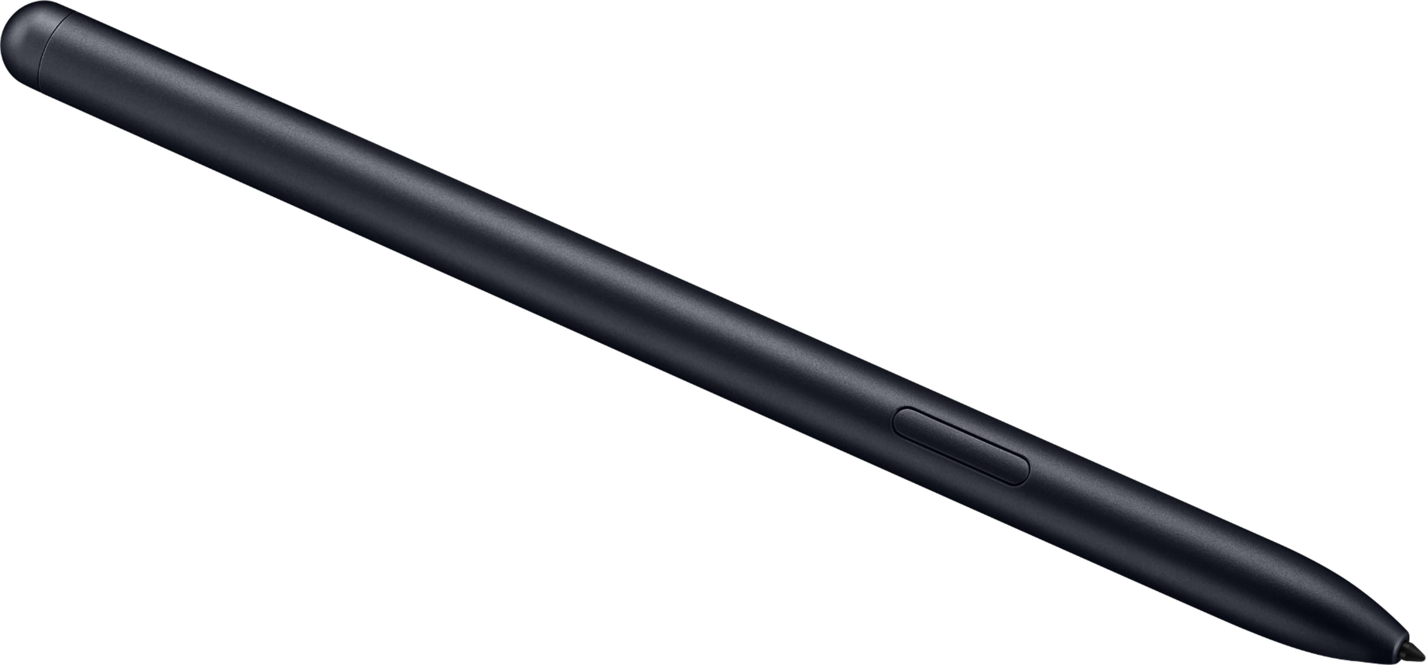 Zwarte stylus pen met zilveren knop, geïsoleerd op witte achtergrond.