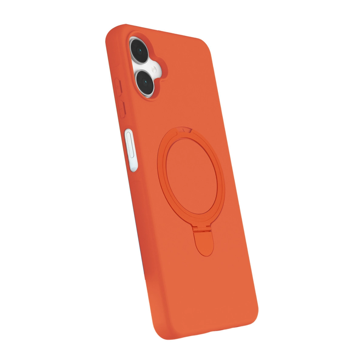 Turuncu telefon kılıfı, halka tutucu ve kamera kesimi ile.