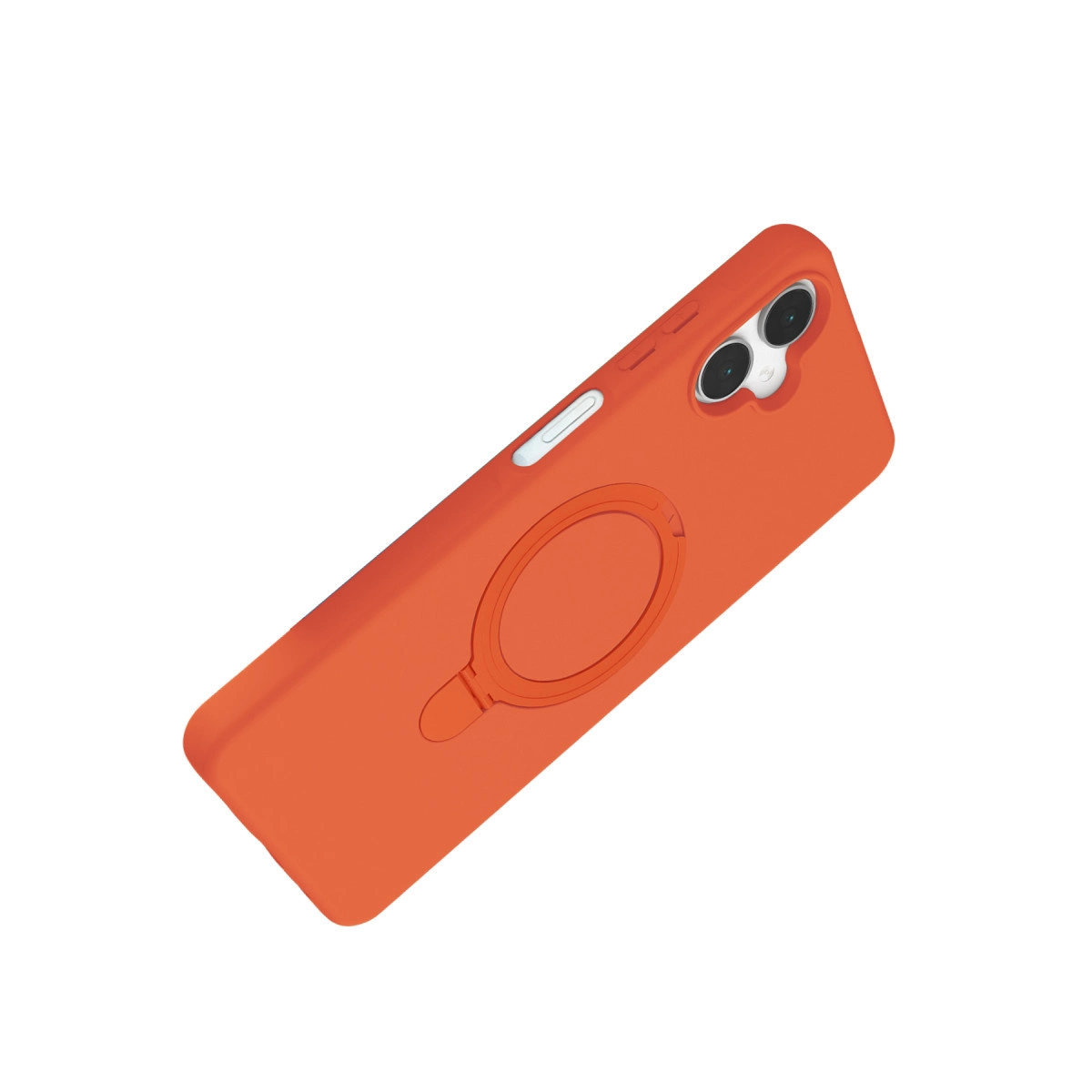 Halka tutuculu turuncu telefon kılıfı ve beyaz arka planda iki kamera lensi.