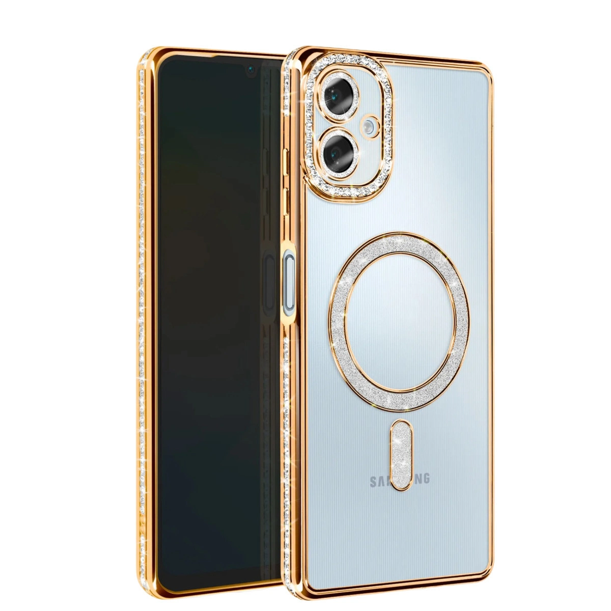 Kamera ve halka etrafında taşlarla süslenmiş altın rengi telefon kılıfı.