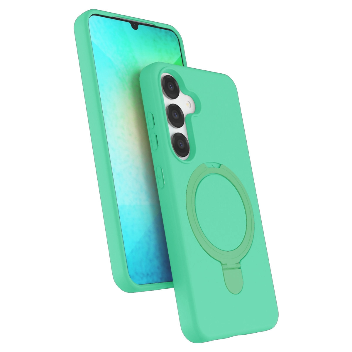Halka tutuculu ve arkada üç kamera lensli yeşil telefon kılıfı.