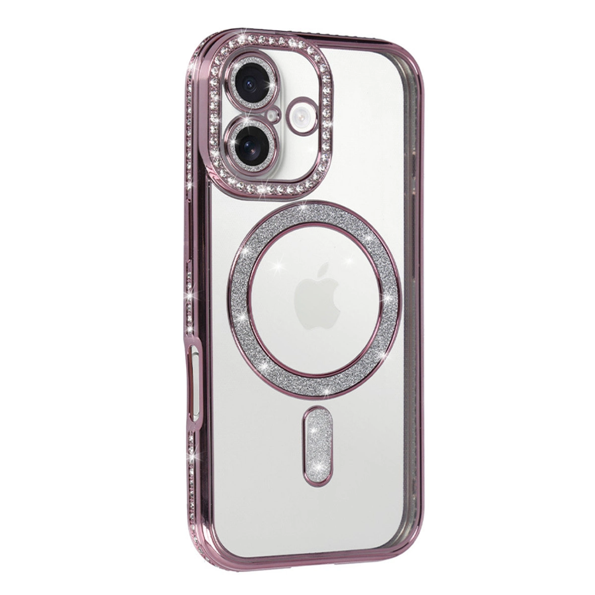 Kameranın ve şarj halkasının etrafında sim bulunan pembe iPhone kılıfı.