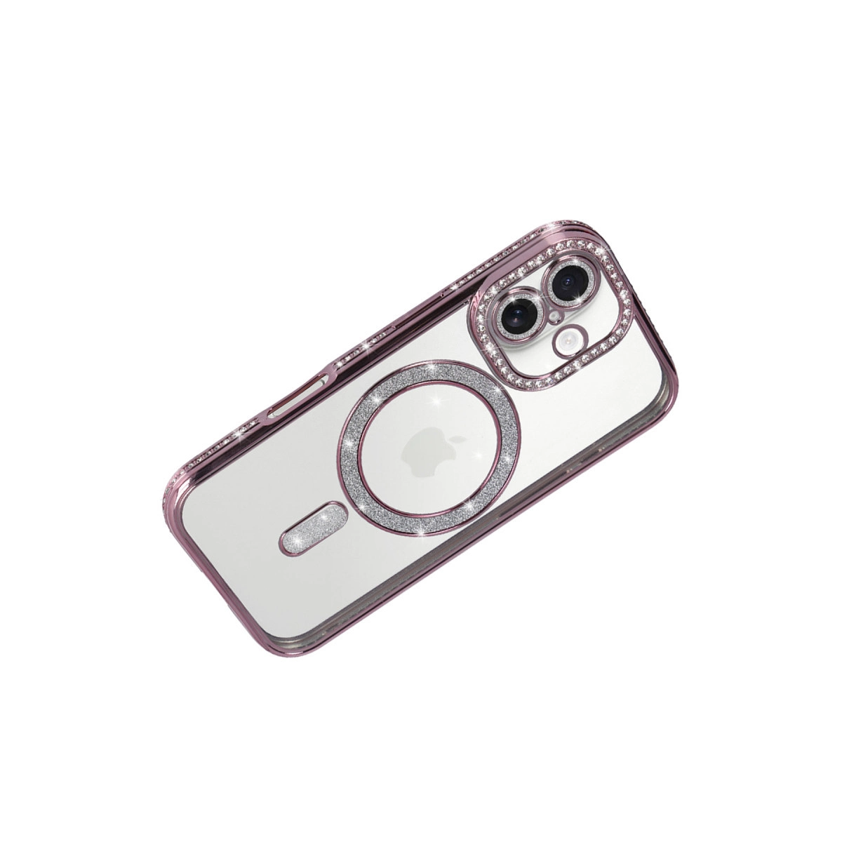 Beyaz zeminde elmaslarla süslenmiş, roze altın iPhone kılıfı.