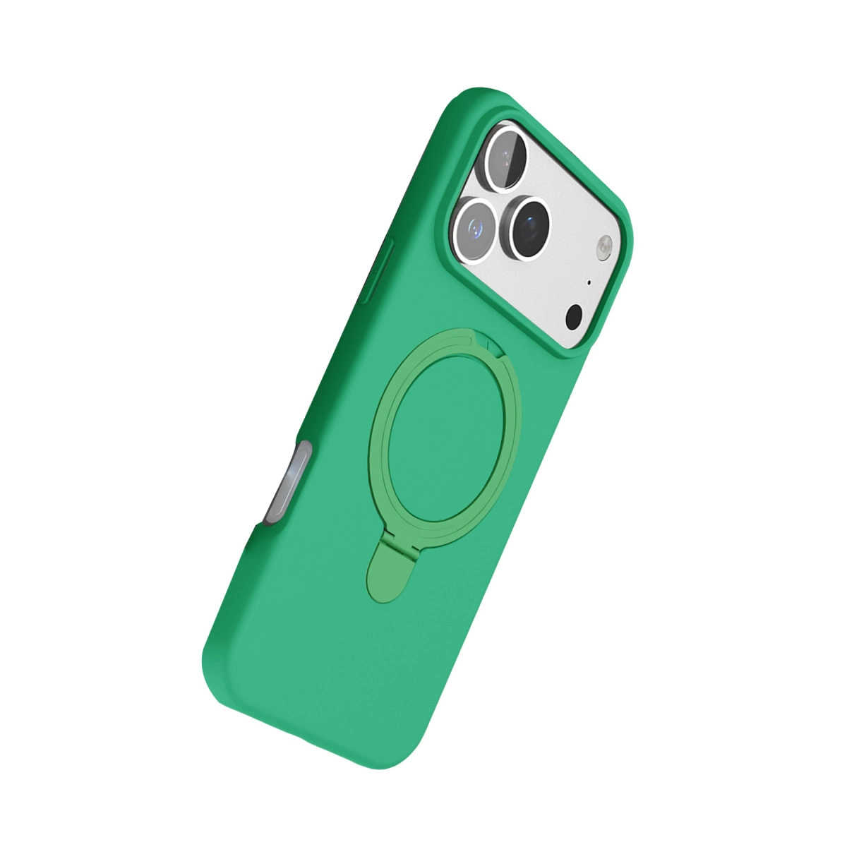 Halka tutuculu ve üçlü kamera kesimli yeşil telefon kılıfı.