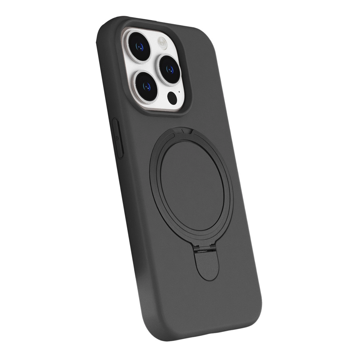 Halka tutuculu ve kamera lensli siyah telefon kılıfı.