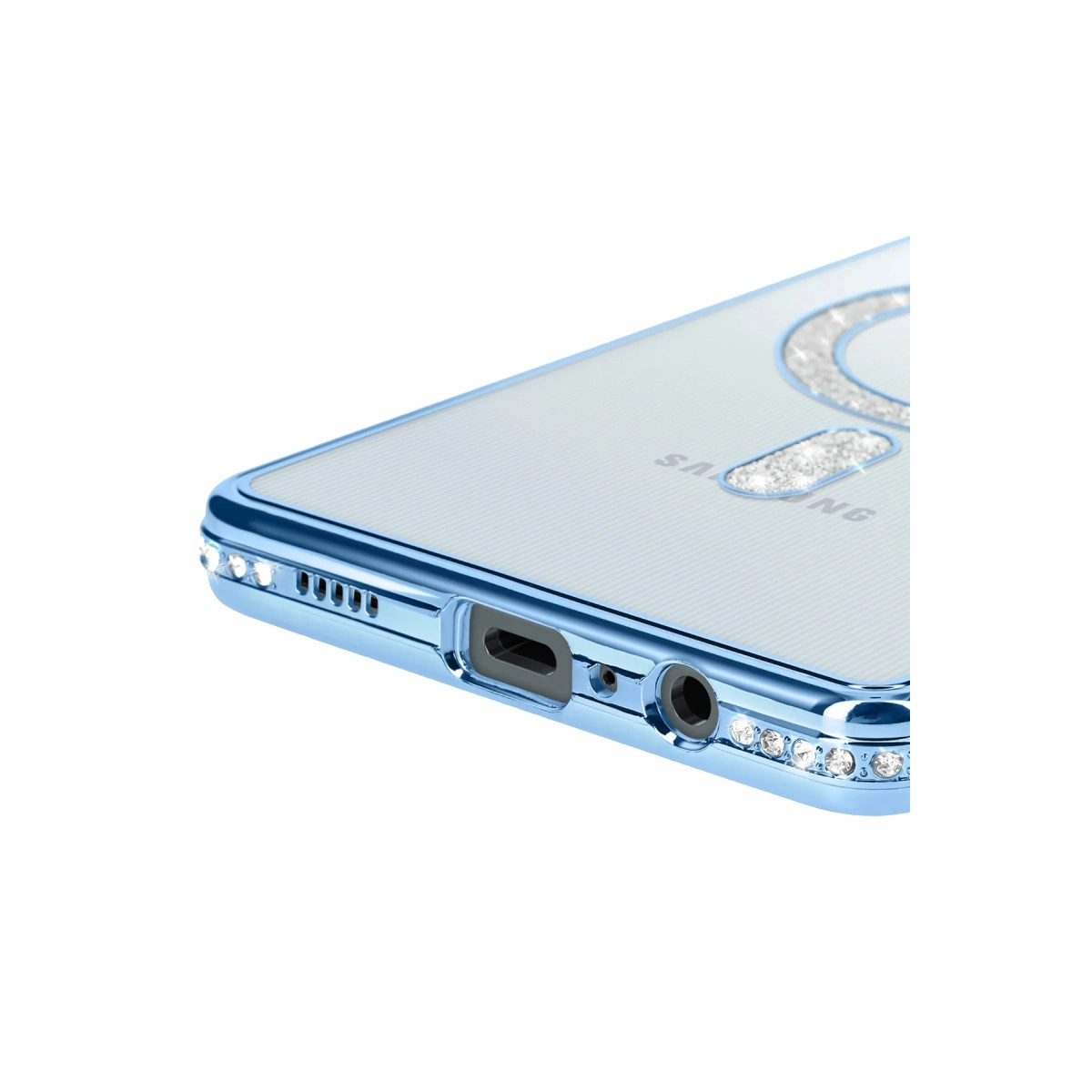 Kenarında simli yazı ve kristaller bulunan mavi telefon kılıfı.
