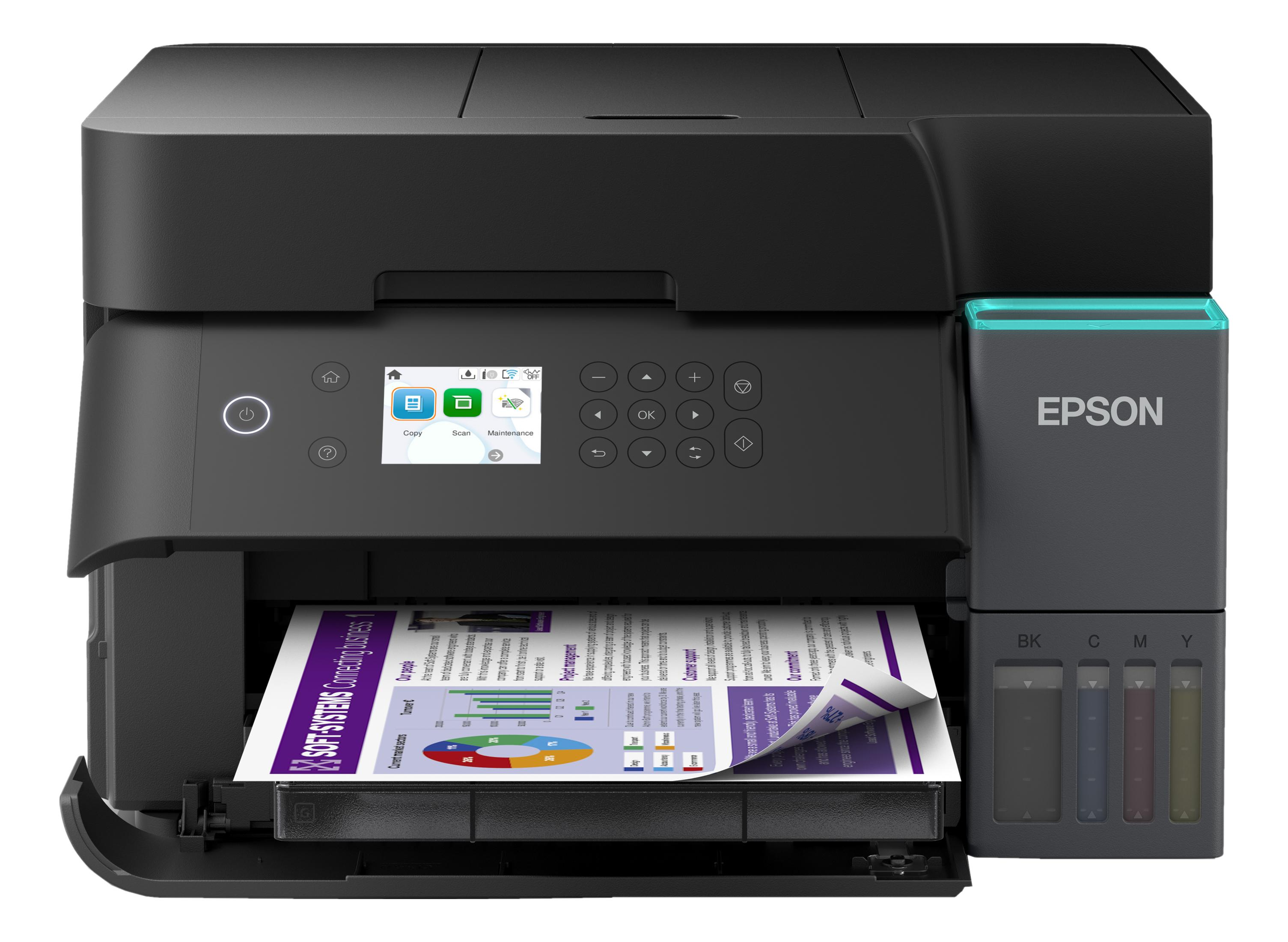 Czarna drukarka Epson z ekranem dotykowym i zbiornikami na tusz.