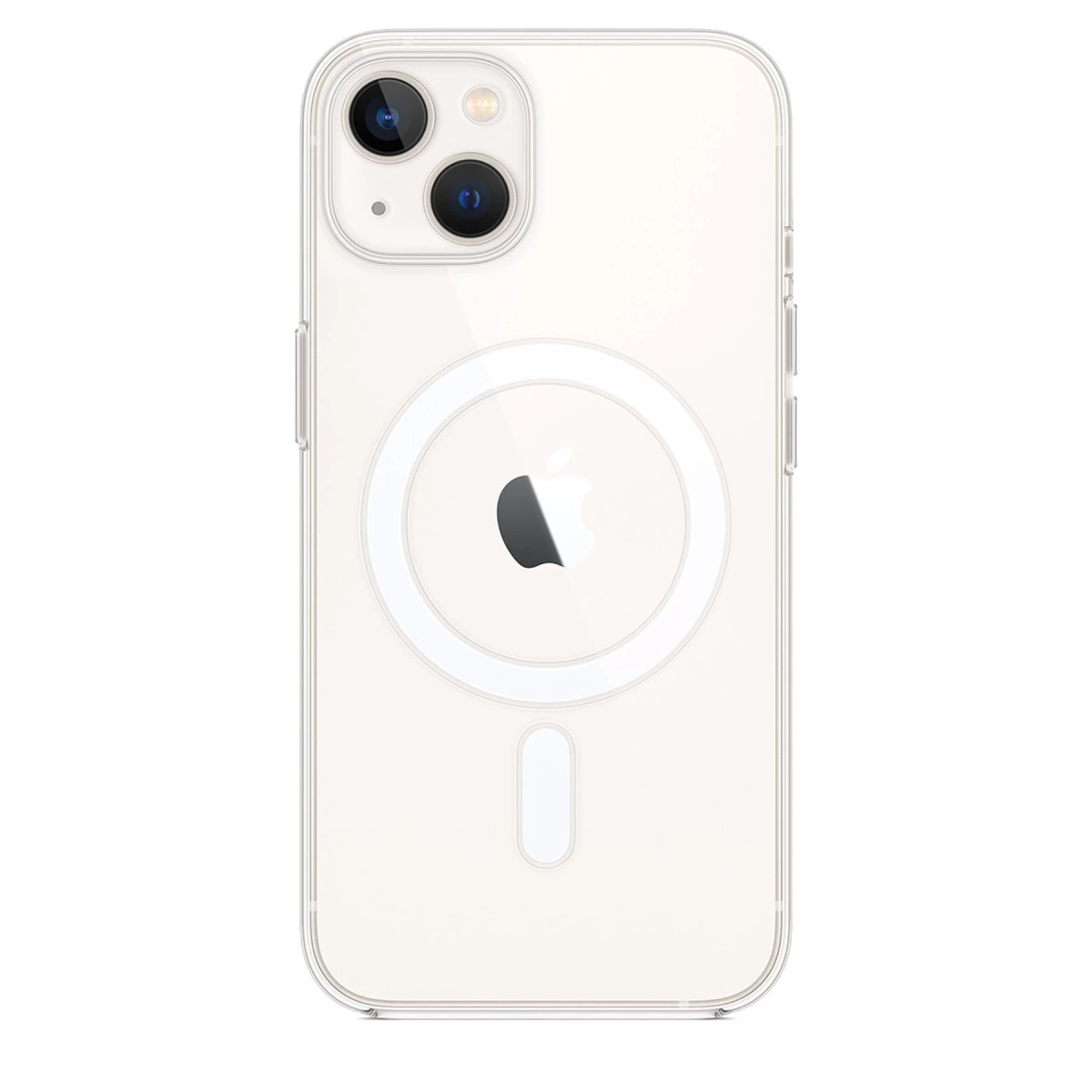 iPhone arkasında Apple logosu ve MagSafe halkası bulunan şeffaf kılıf.