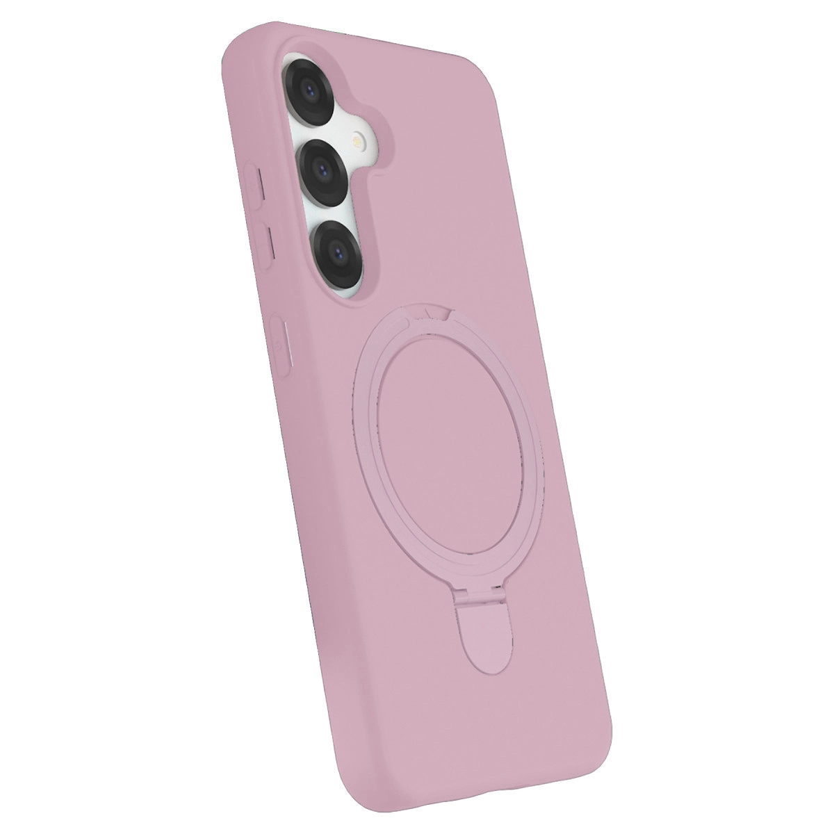 Üç kameralı ve halka tutuculu pembe telefon kılıfı.