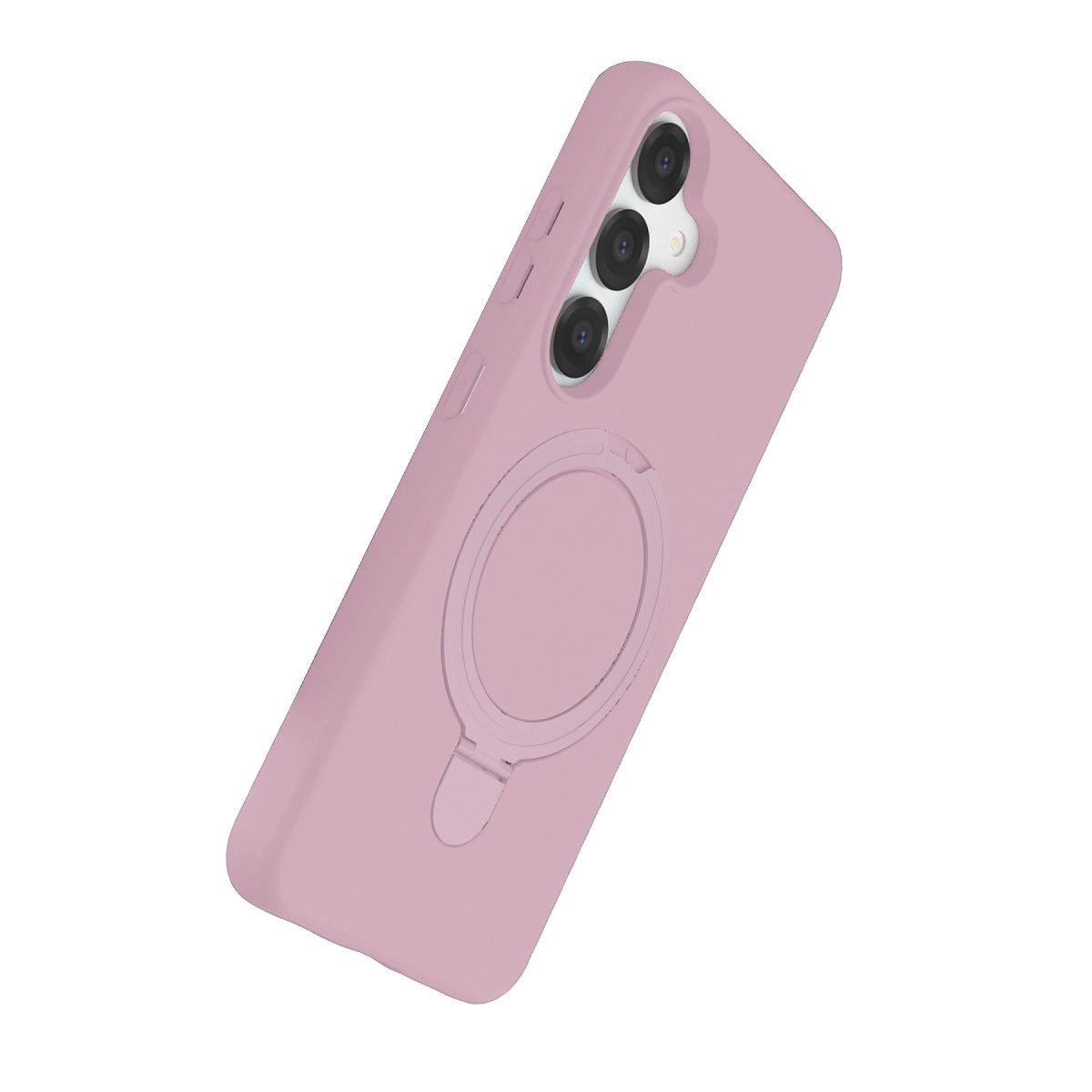 Halka tutuculu ve üç kamera lensli pembe telefon kılıfı.