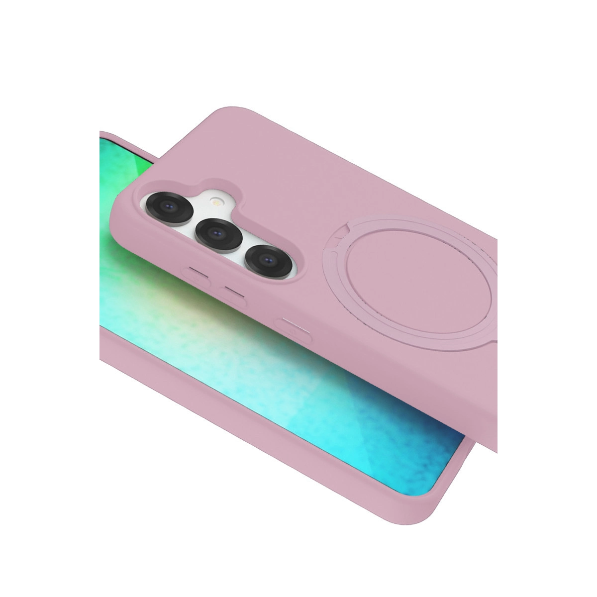 Üç kameralı ve halka tutuculu pembe telefon kılıfı.