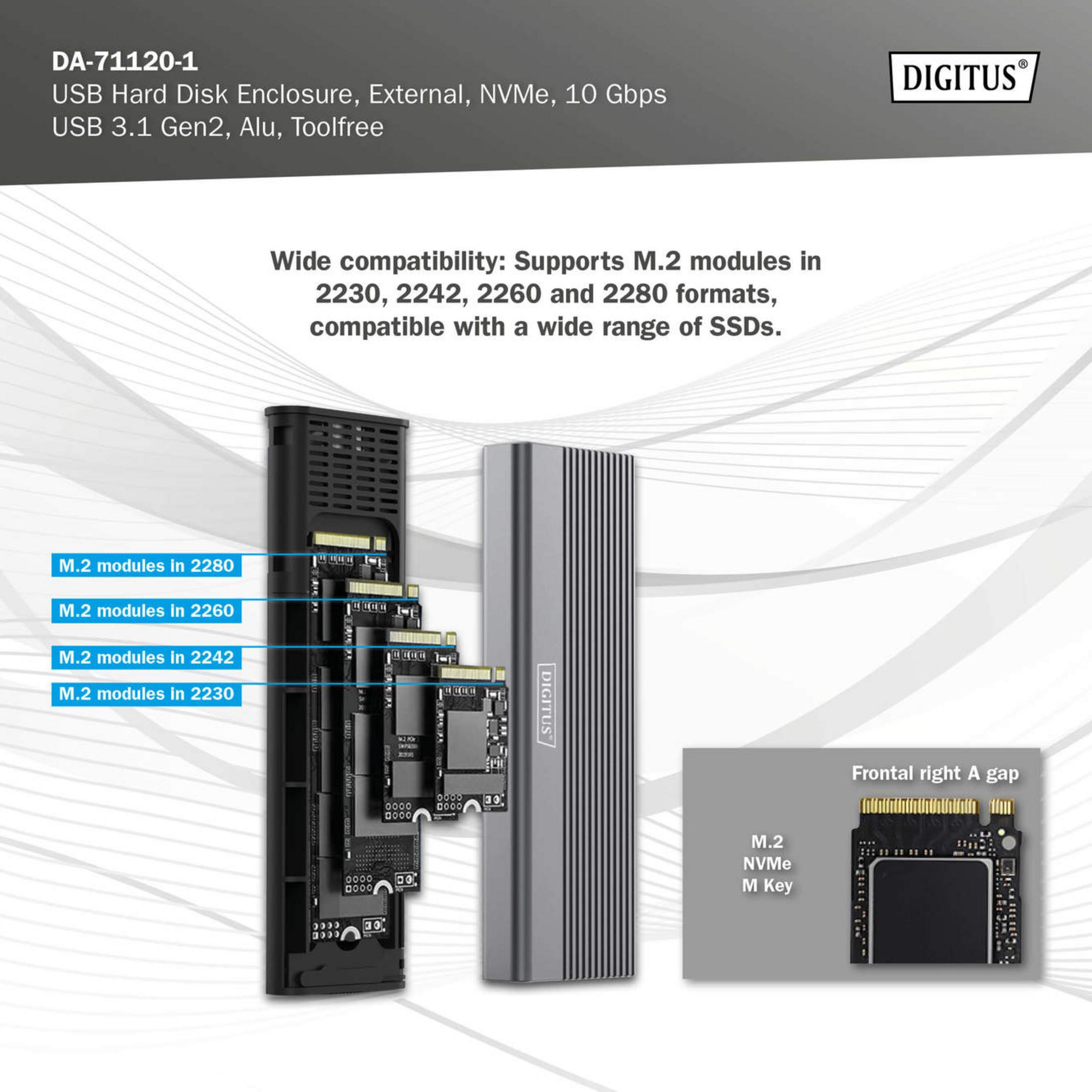 Zewnętrzna obudowa DigitUS NVMe z modułami M.2 w rozmiarach 2230-2280.