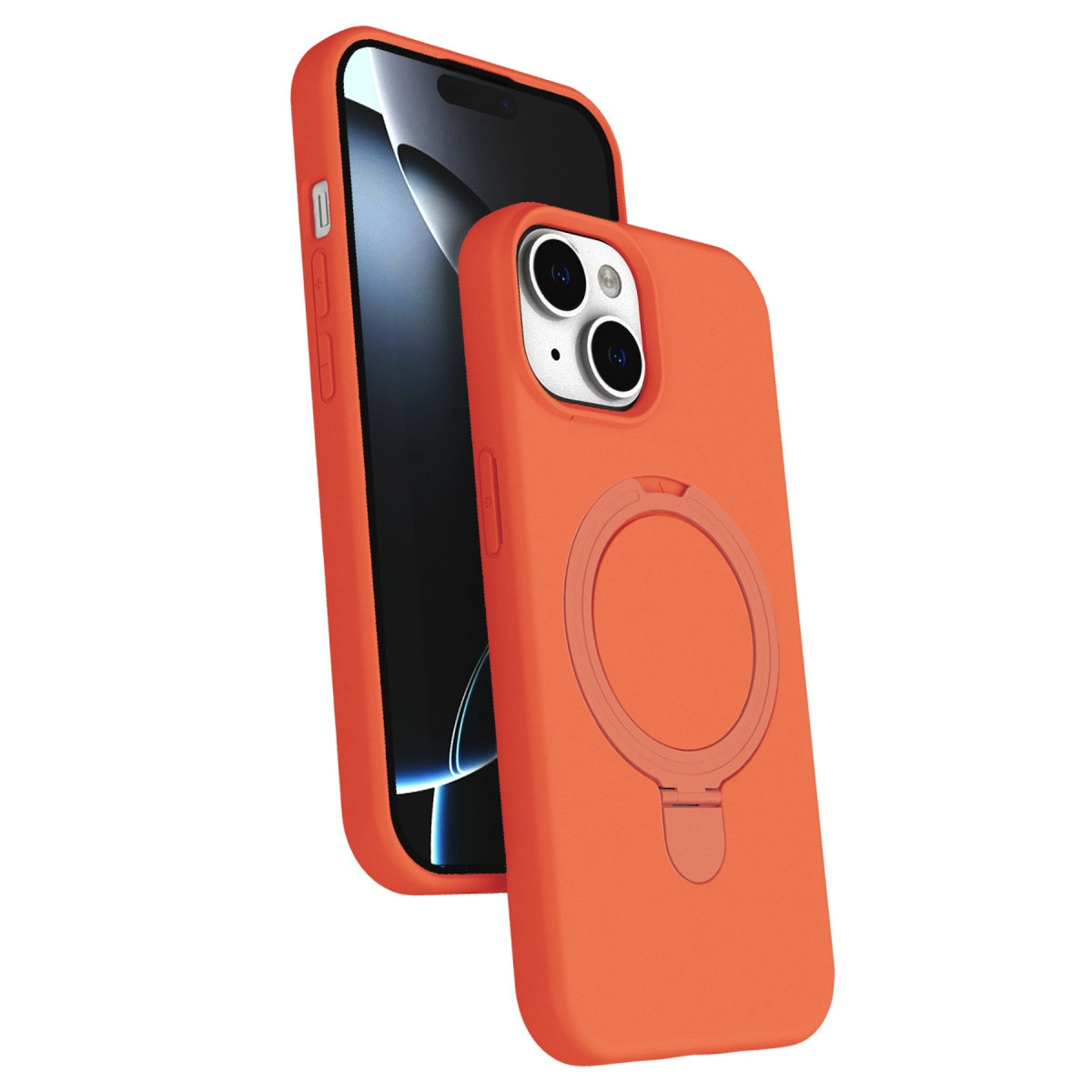 Halka tutuculu turuncu telefon kılıfı ve arkada telefon.