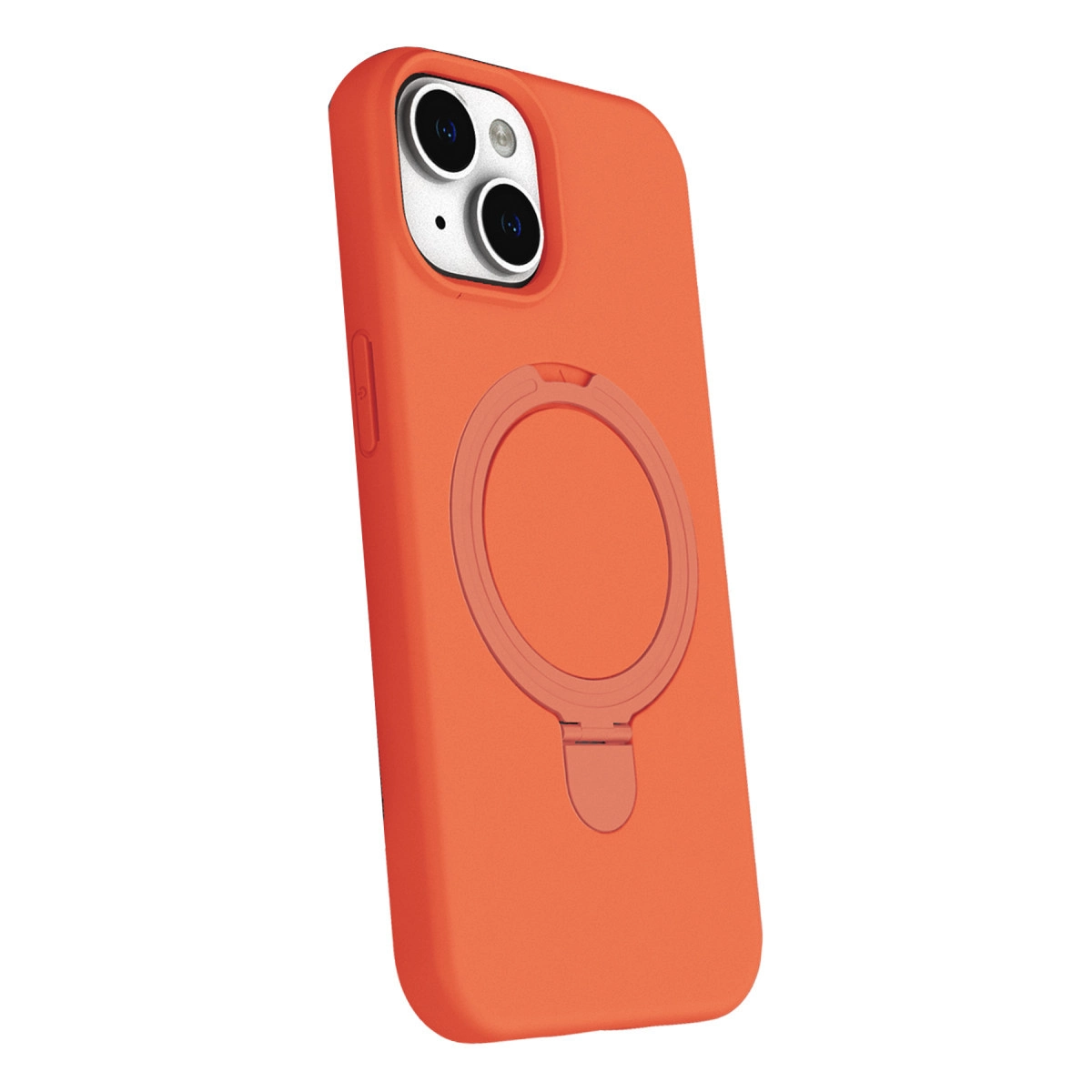 Halka tutuculu ve kamera modüllü turuncu telefon kılıfı.