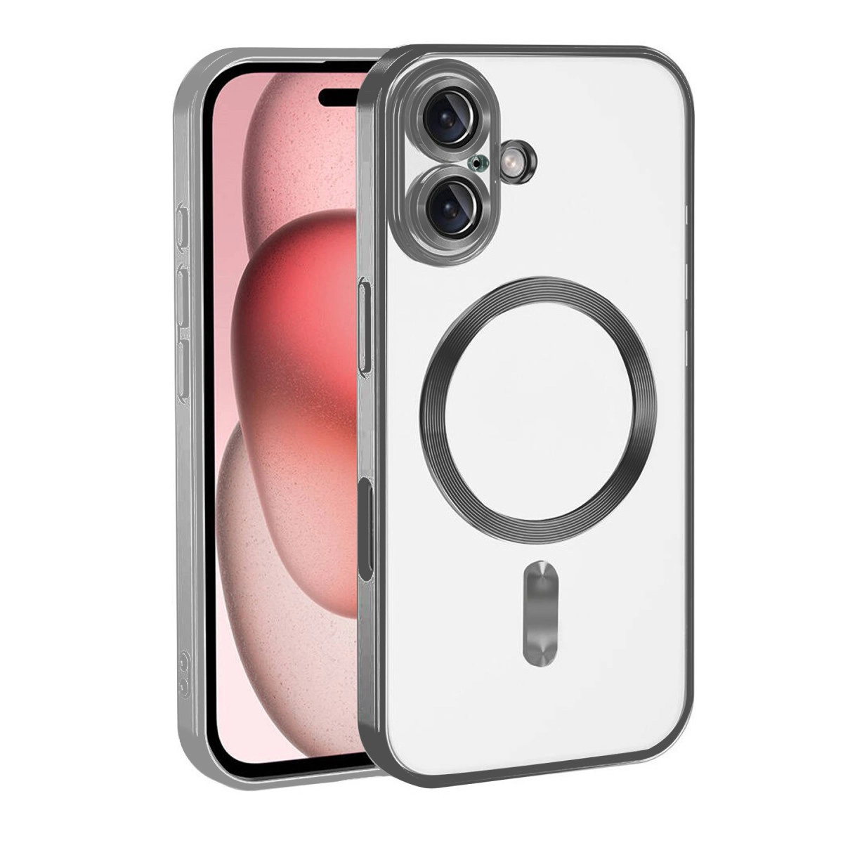 Pembe ekranlı bir telefonda gümüş kenarlı şeffaf kılıf.