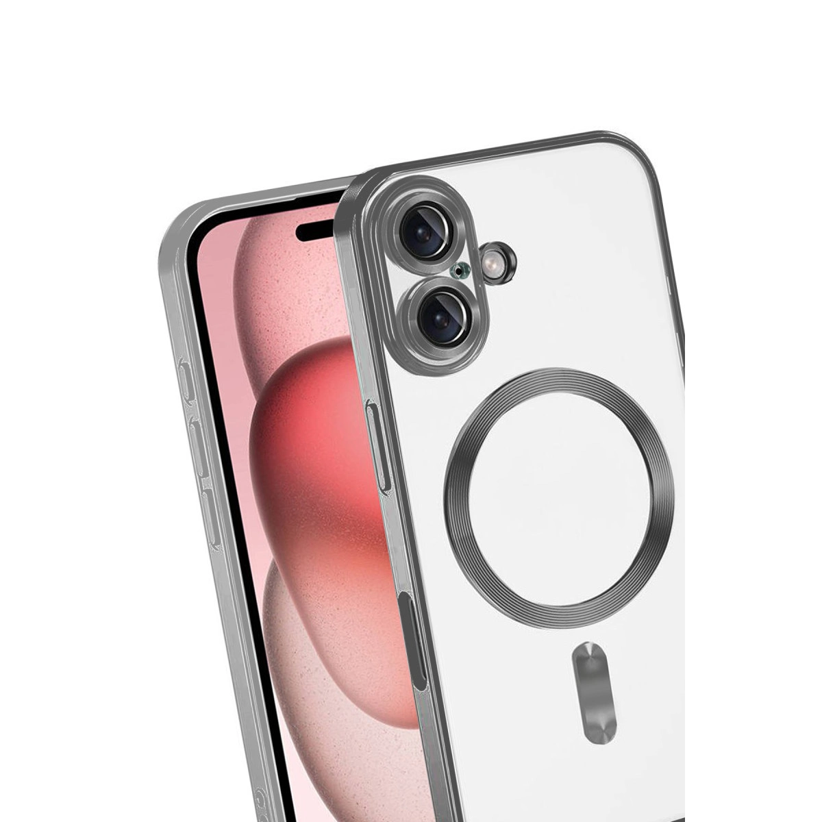 Kameralı ve manyetik halkalı şeffaf telefon kılıfı, beyaz arka plan.