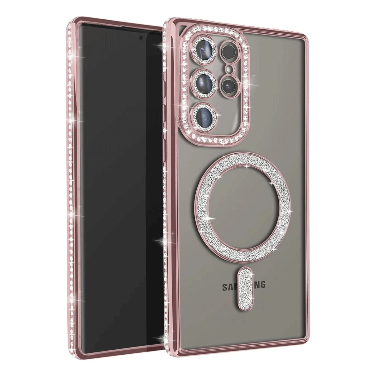 Kristalli ve manyetik halkalı, gül altın rengi telefon kılıfı, telefonda.