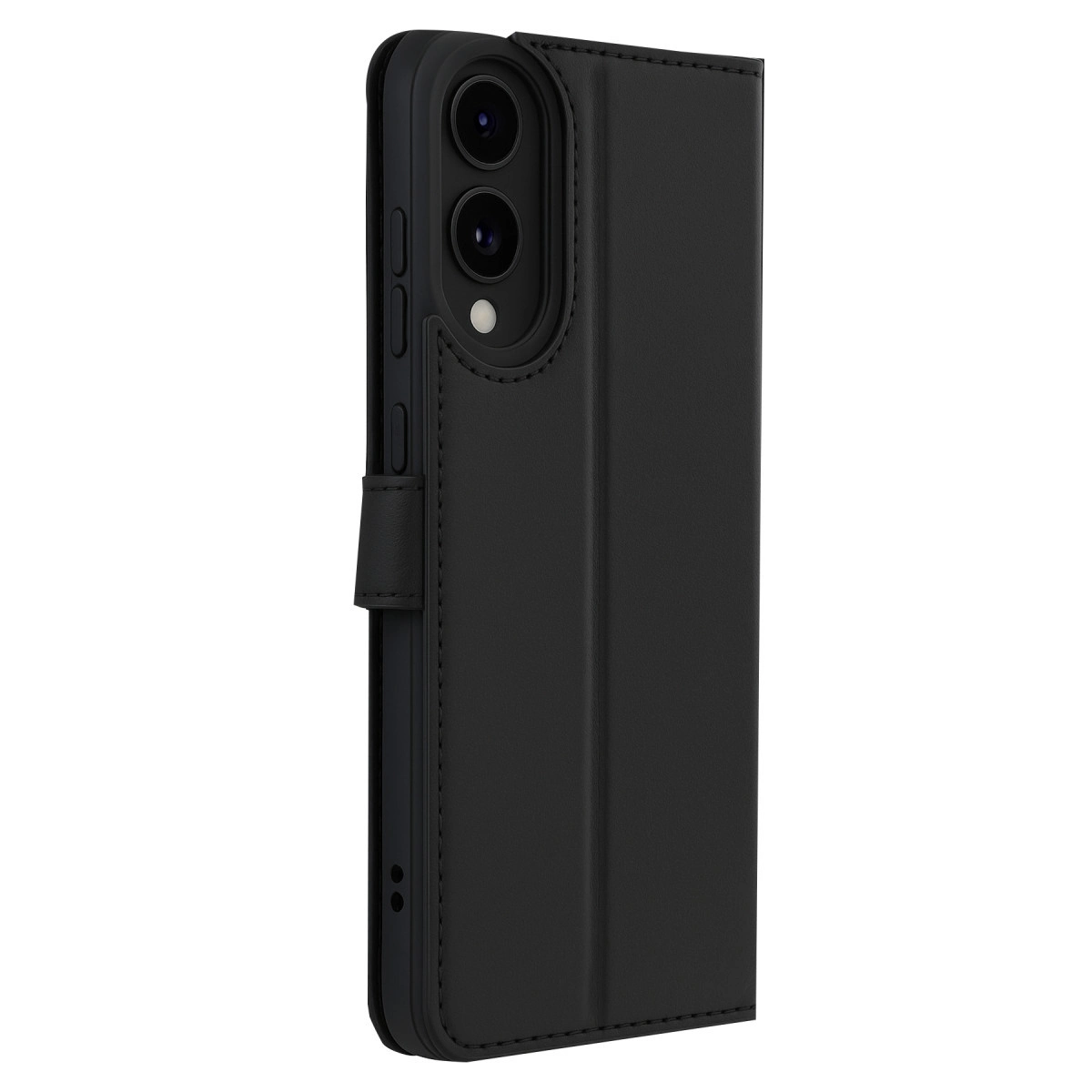 Kamerası ve kapaklı kılıfı olan siyah akıllı telefon, yan görünüm.