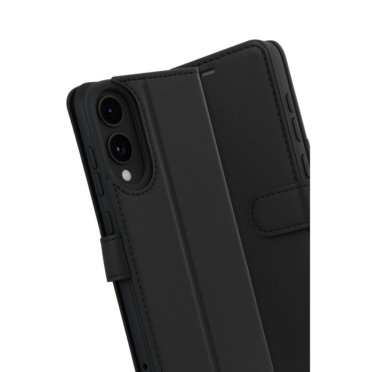 Kamera ve ön kapağı gösteren siyah açık kapaklı telefon kılıfı.