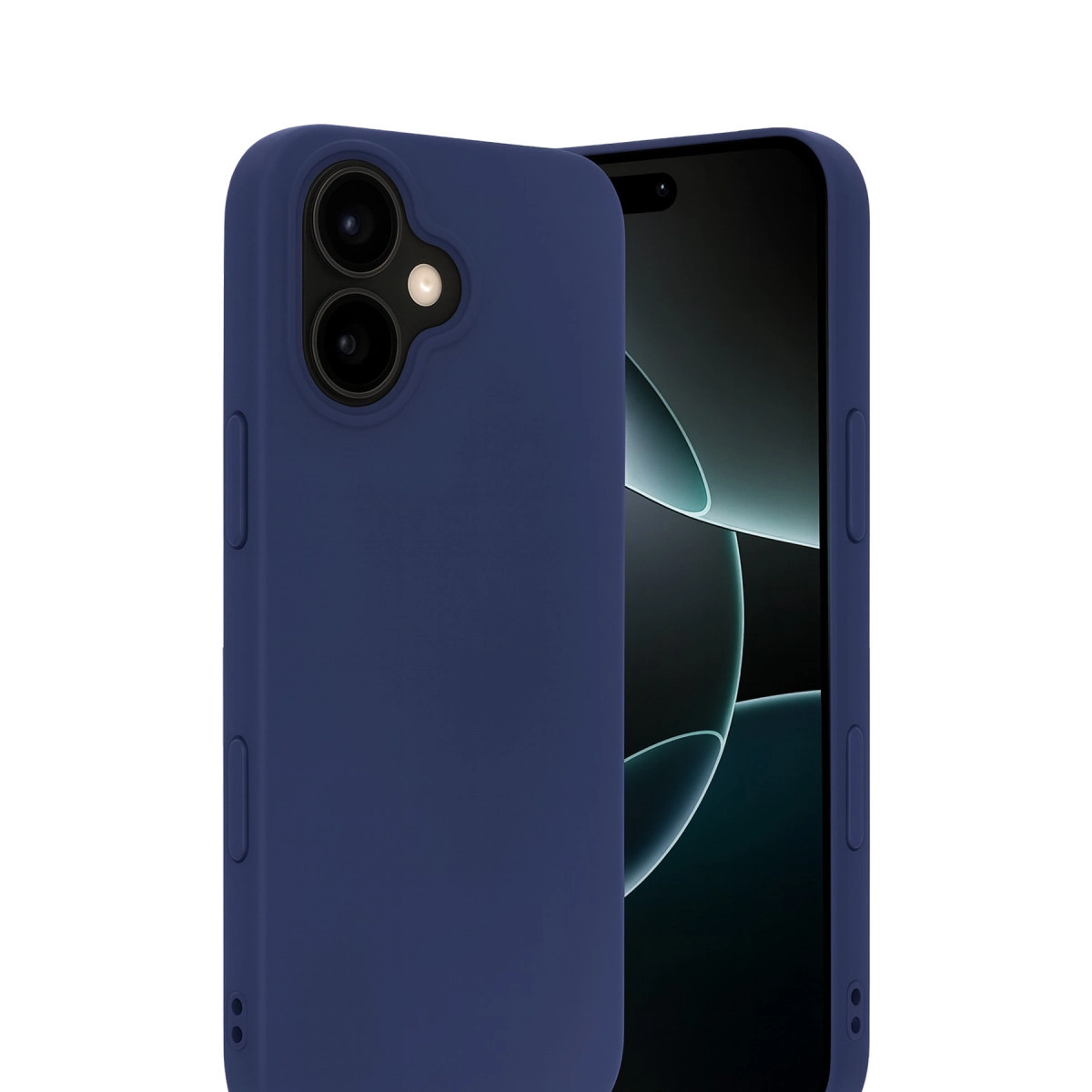 Kamera kesimli lacivert telefon kılıfı, koyu ekranlı bir akıllı telefonun yanında.