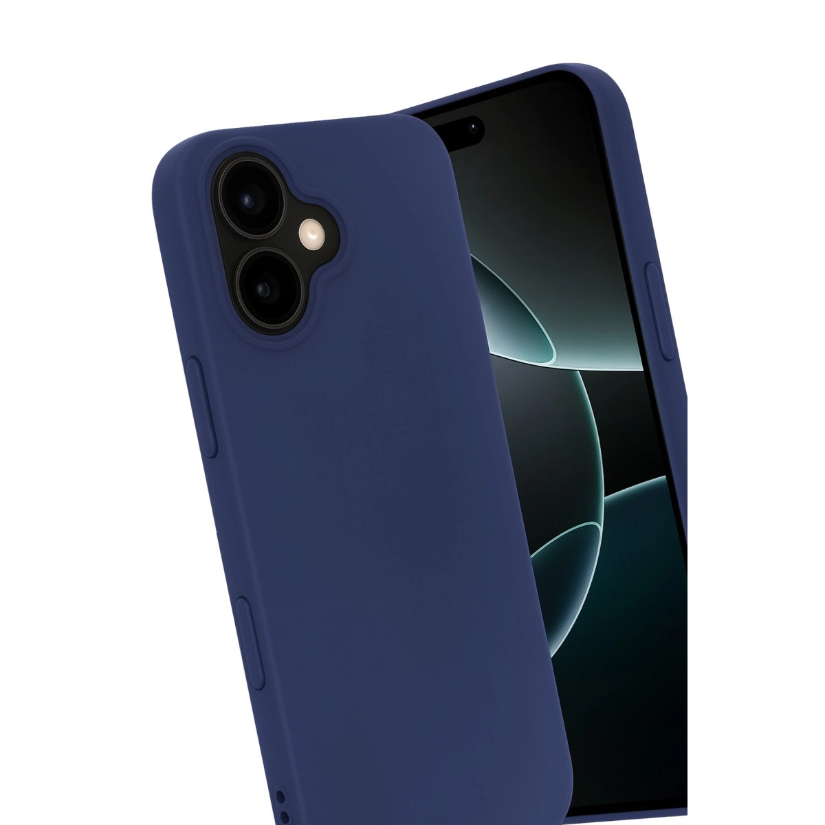 Koyu mavi telefon kılıfı yeşil arka planlı akıllı telefon üzerinde.