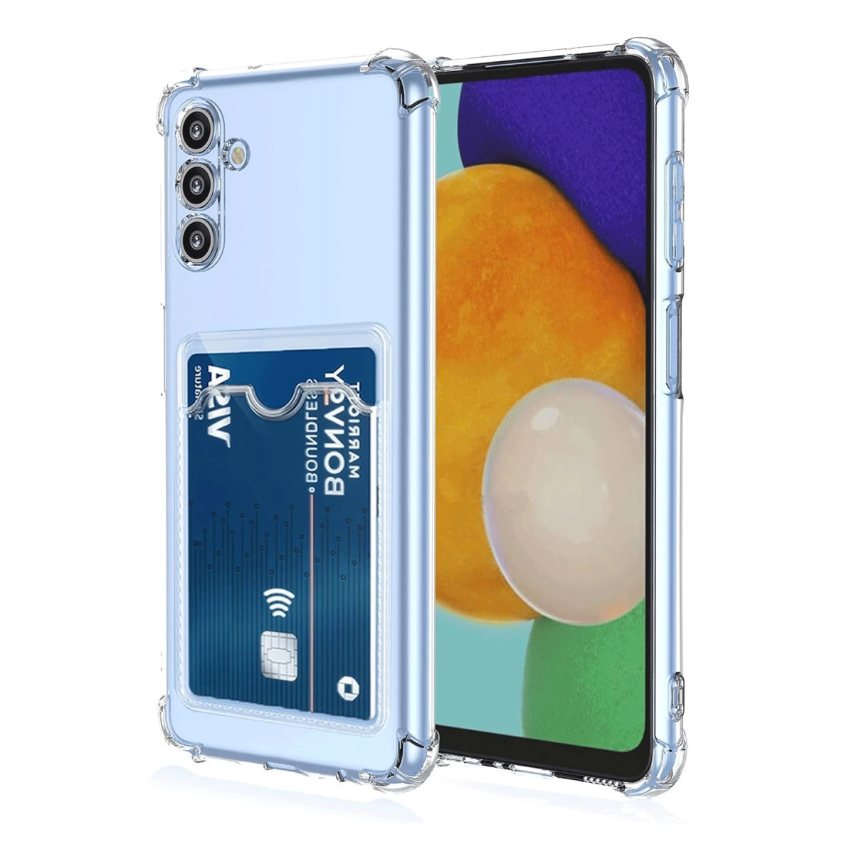 Kamera arkasına sahip kart tutuculu şeffaf telefon kılıfı.