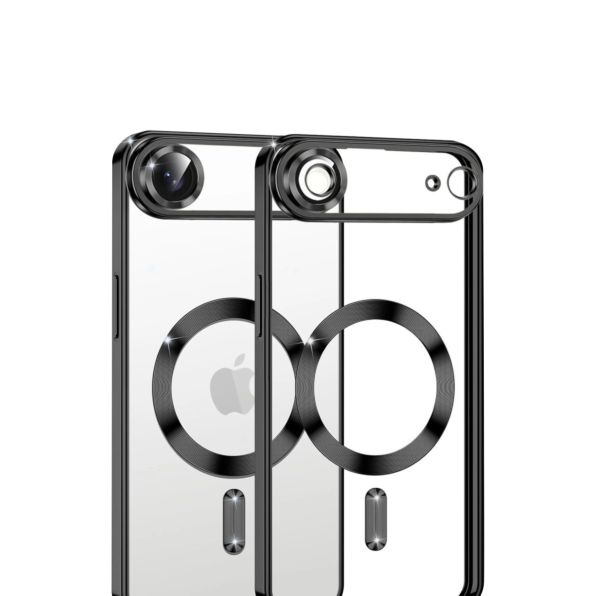 Siyah kenarlı iki şeffaf telefon kılıfı. Biri Apple logosu oyuğunu gösteriyor.