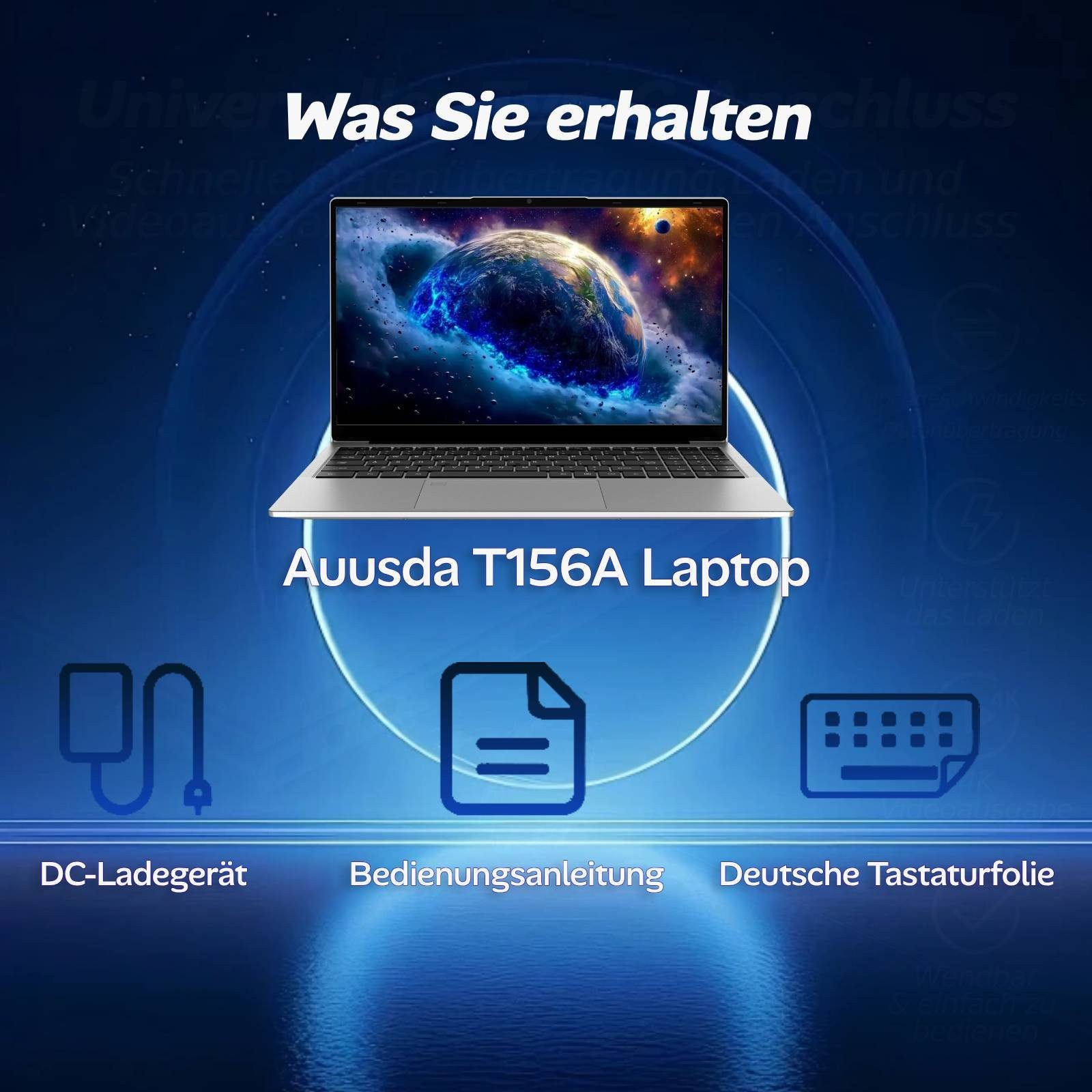 Ein Auusda T156A Laptop mit Erd-Hintergrund, Netzteil, Anleitung und Tastatur.