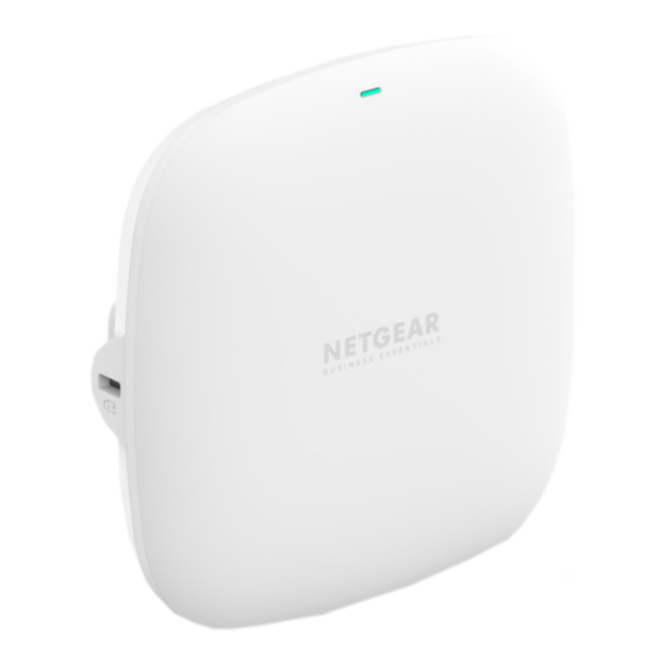 Biały punkt dostępowy Netgear z zielonym światłem LED i portem USB-C.
