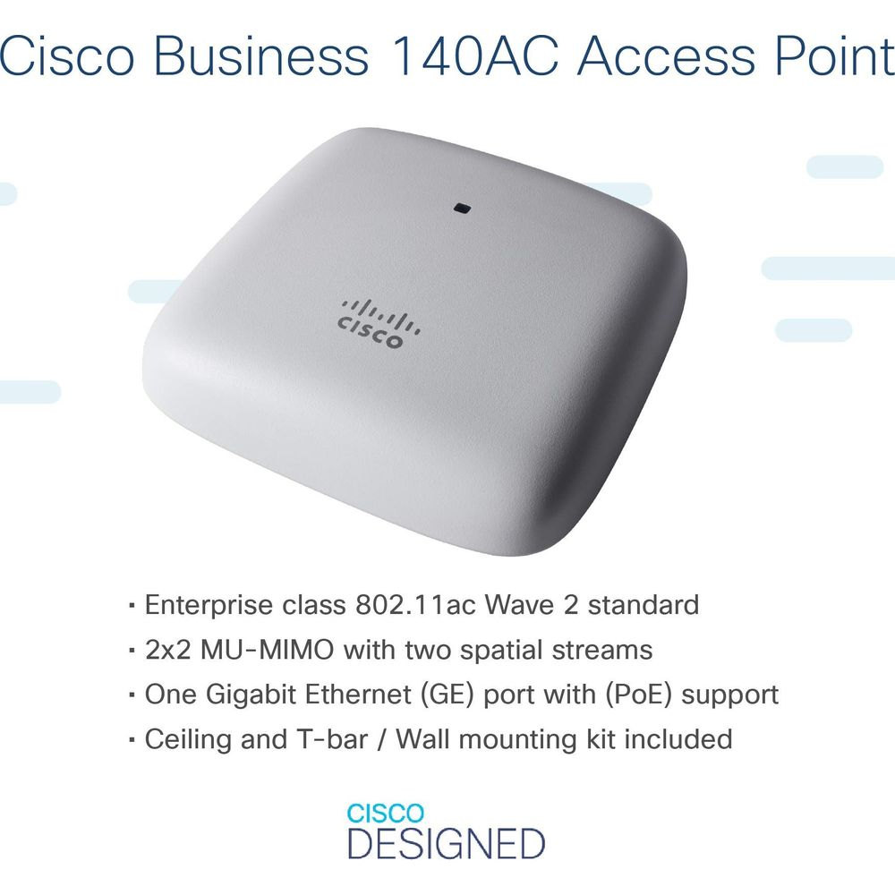 Biały punkt dostępowy Cisco z logo Cisco i specyfikacjami.