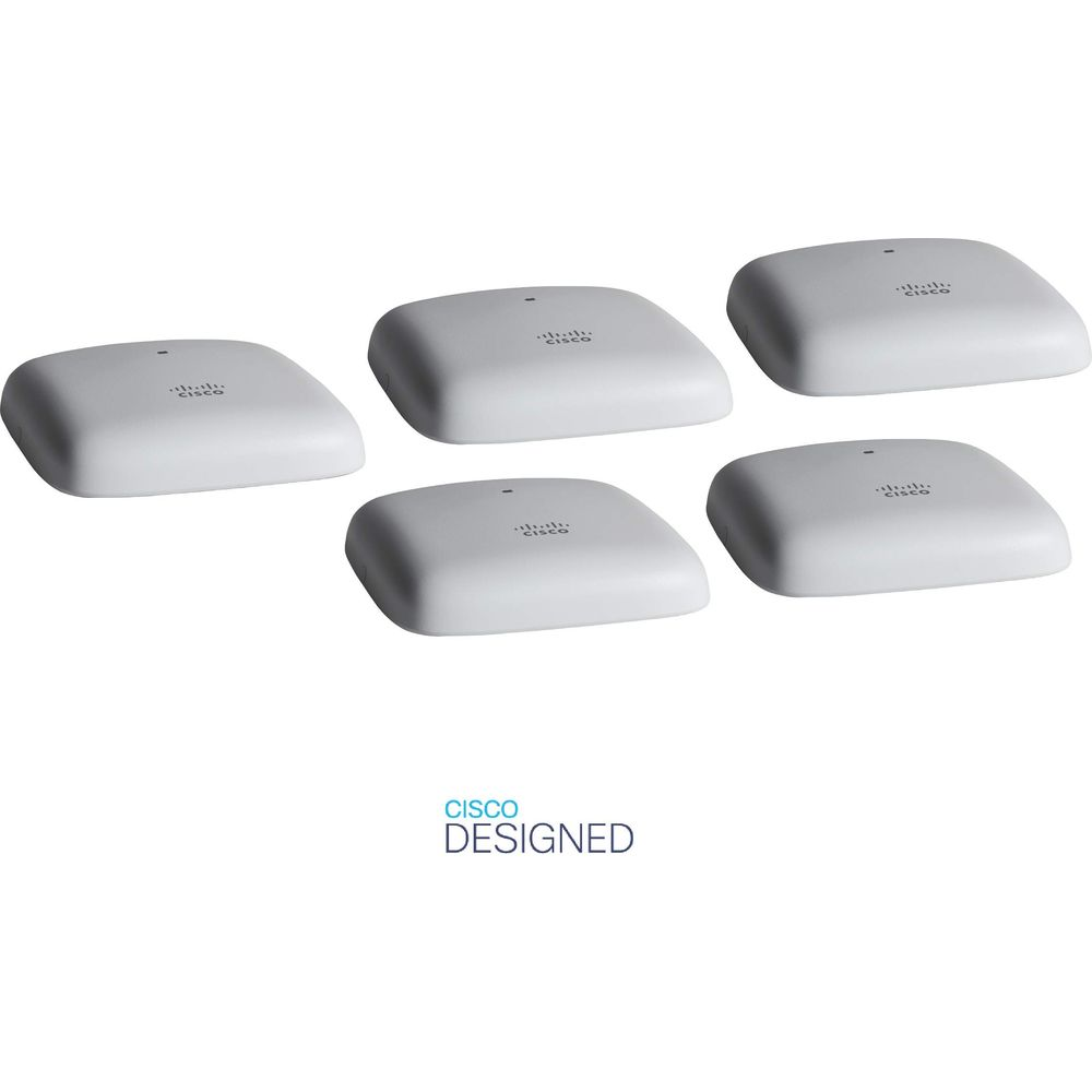 Pięć białych punktów dostępowych Cisco z logo na białym tle.