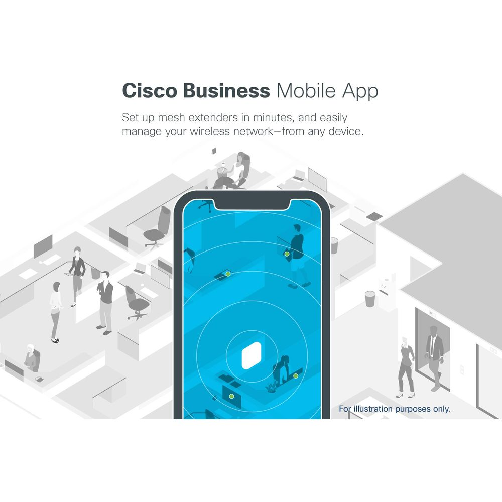 Ilustracja aplikacji pokazującej budynek biurowy z ludźmi.