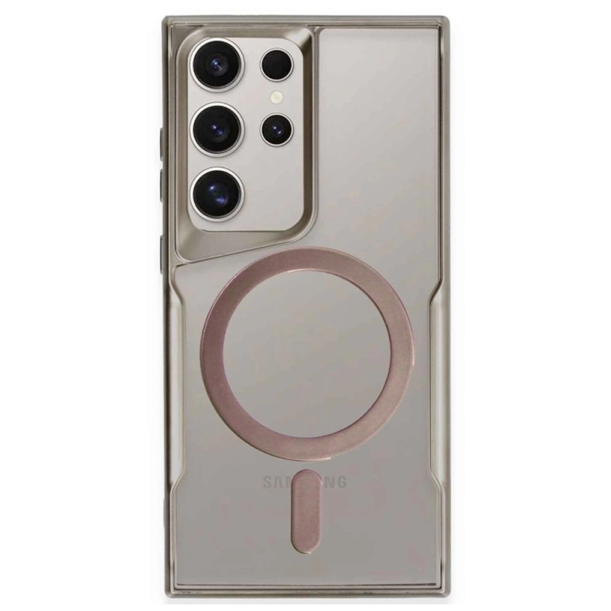 Kamera lensleri ve manyetik halka gösteren gri telefon kılıfının arkası.
