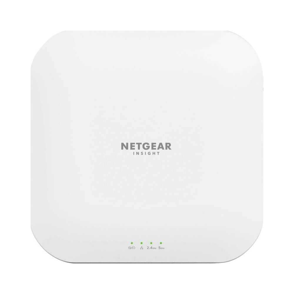 Biały punkt dostępowy Netgear Insight ze wskaźnikami LED zasilania, 2.4GHz i 5GHz.