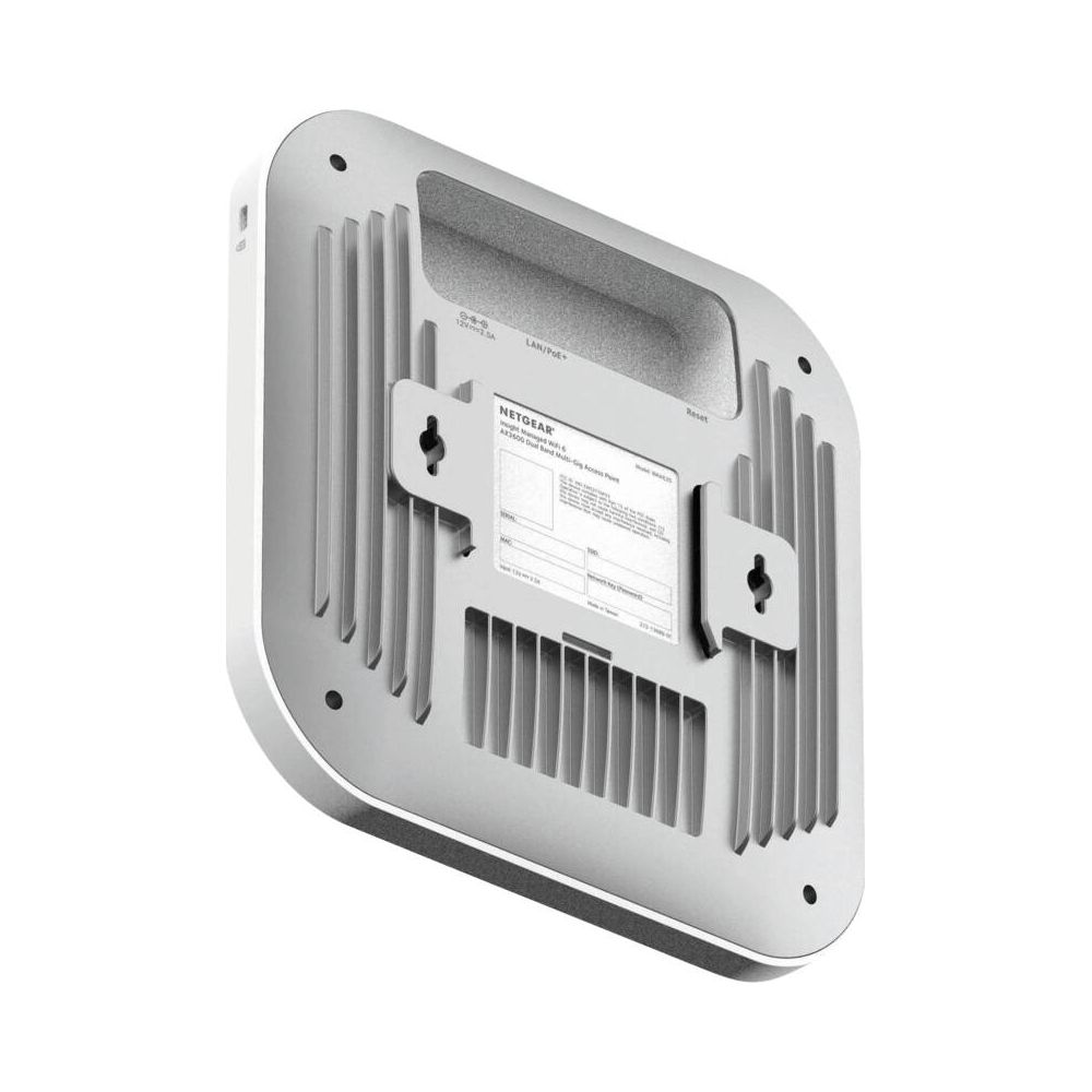 Widok z tyłu białego punktu dostępowego Netgear Wi-Fi 6 z portami i etykietą.