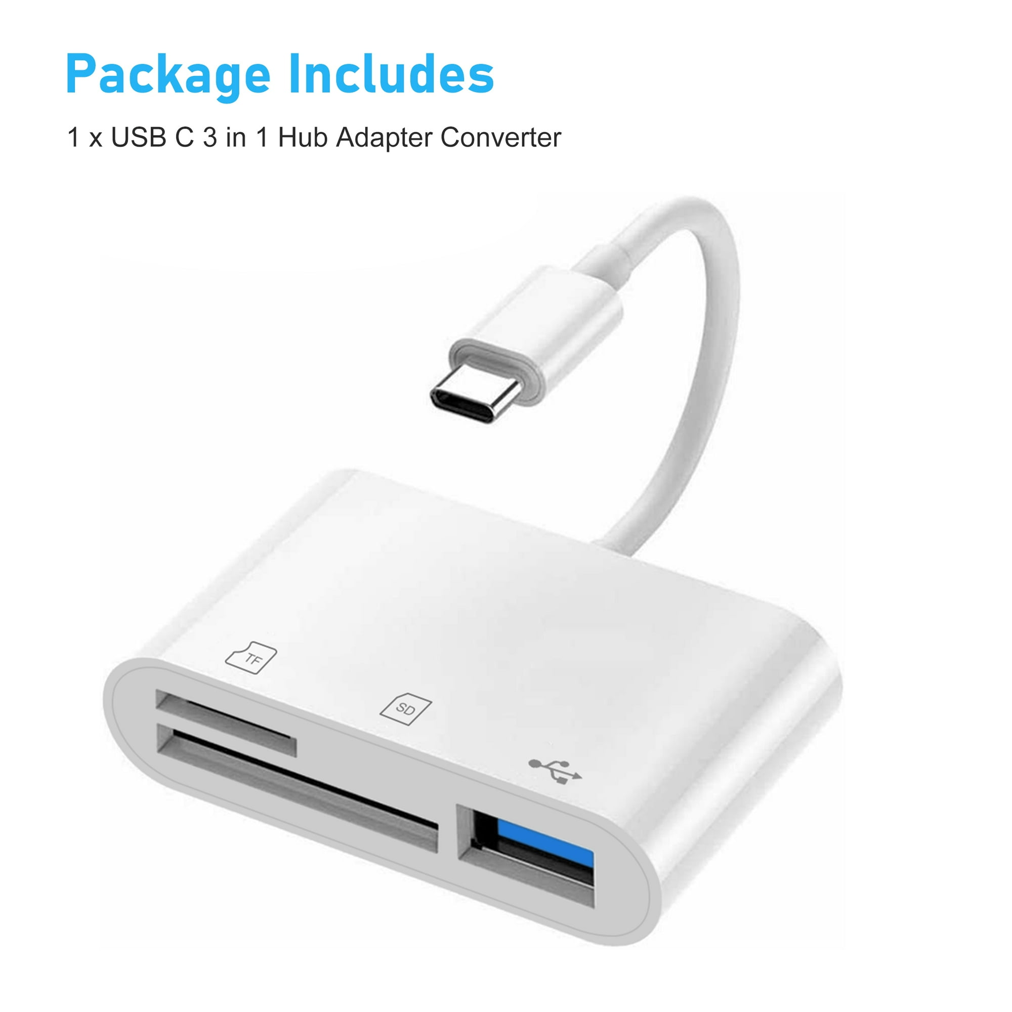 Ein weißer USB-C-Hub mit SD- und TF-Kartensteckplätzen und einem USB-Anschluss.