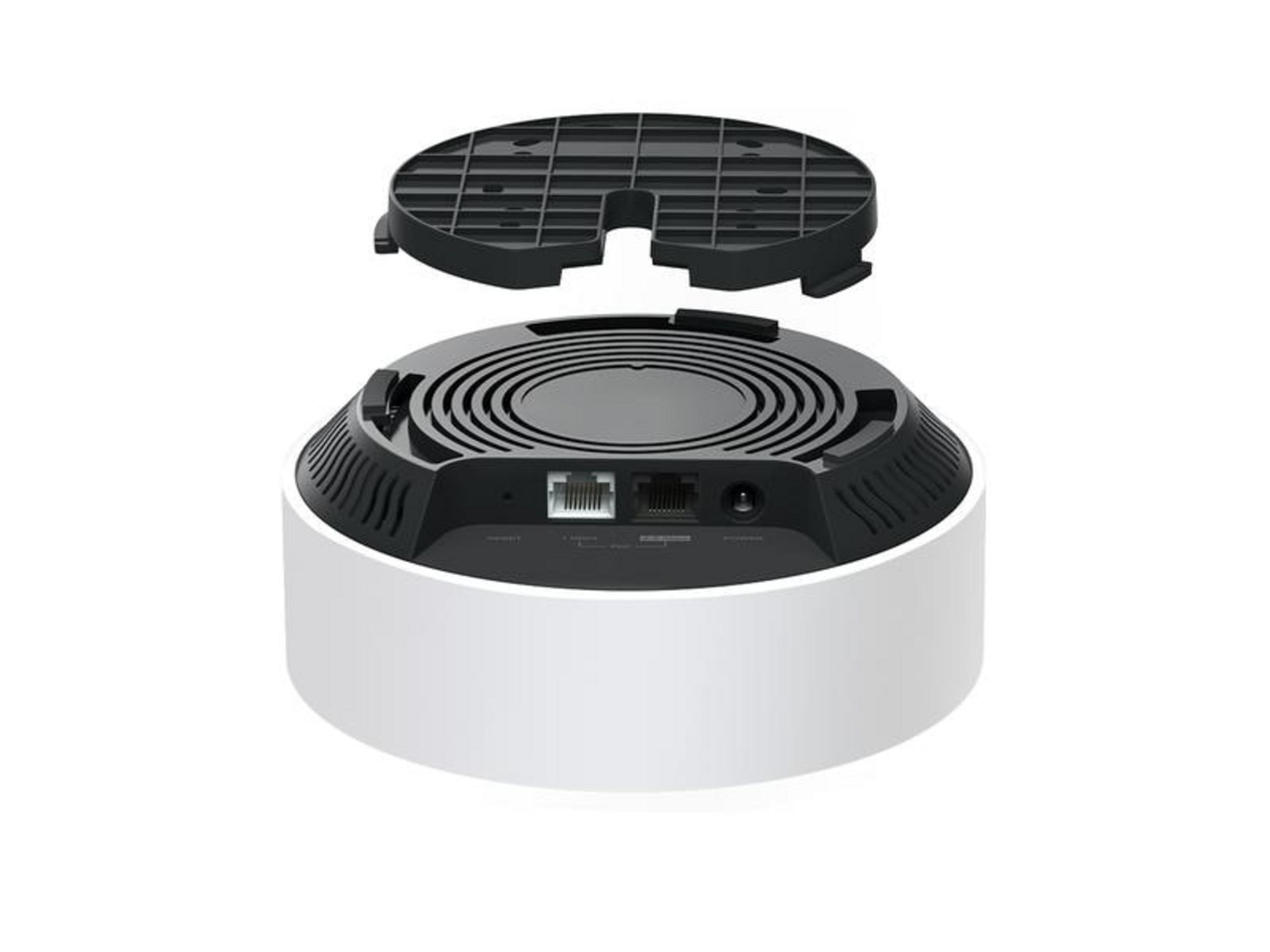 Biały, cylindryczny router z odłączoną czarną pokrywą z siatki.