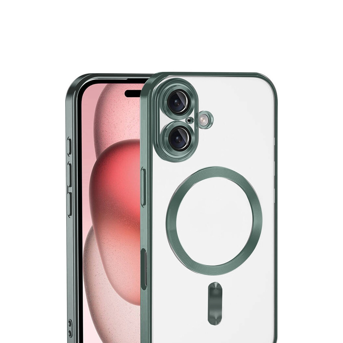 Yeşil kenarlı ve kamera detaylı şeffaf telefon kılıfı.
