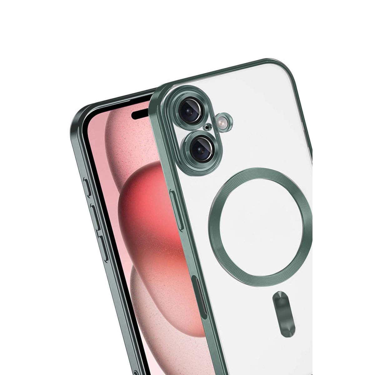 Yeşil kenarlı ve kamera korumalı şeffaf telefon kılıfı.