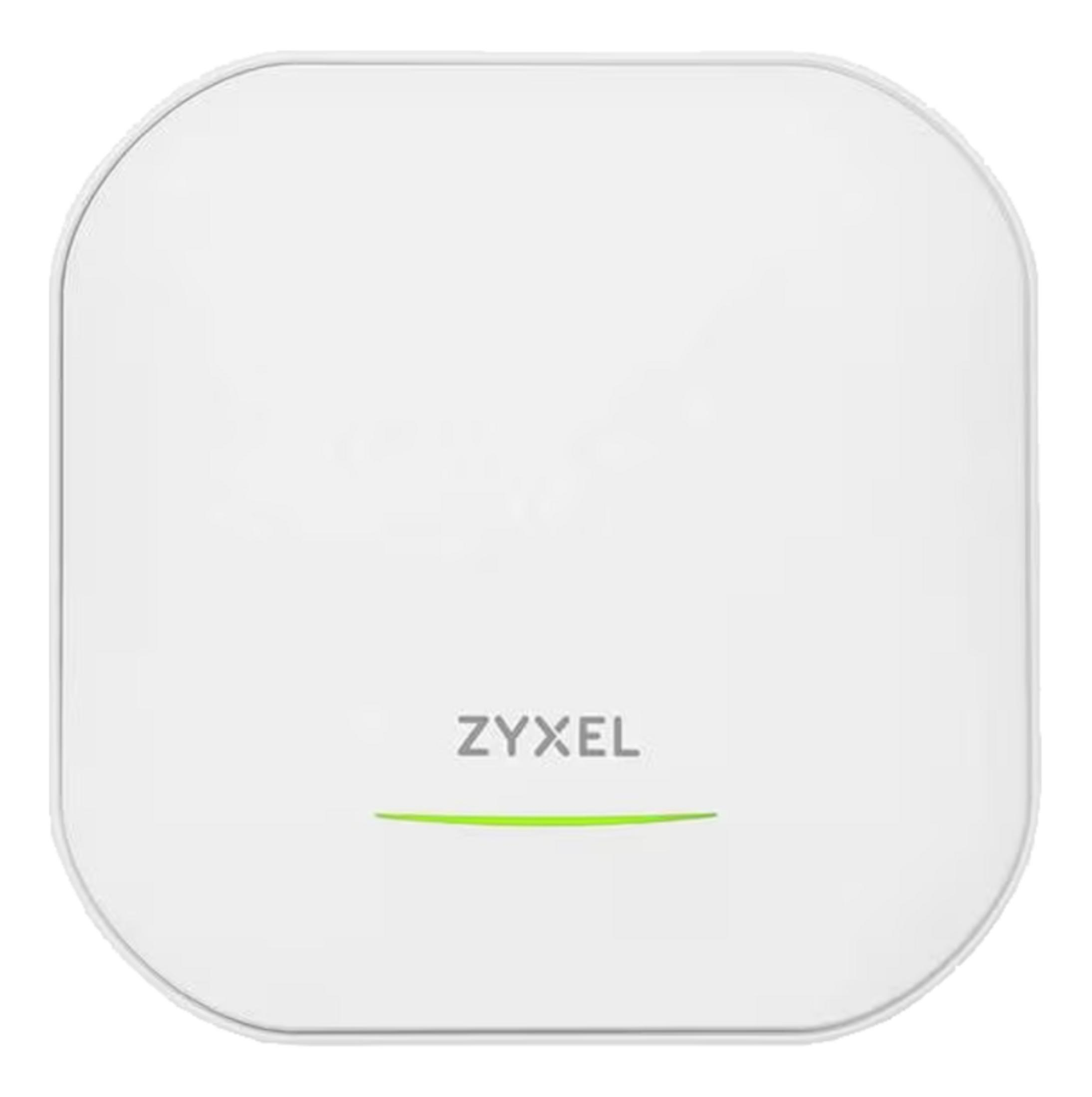 Białe urządzenie Zyxel z zielonym paskiem świetlnym.