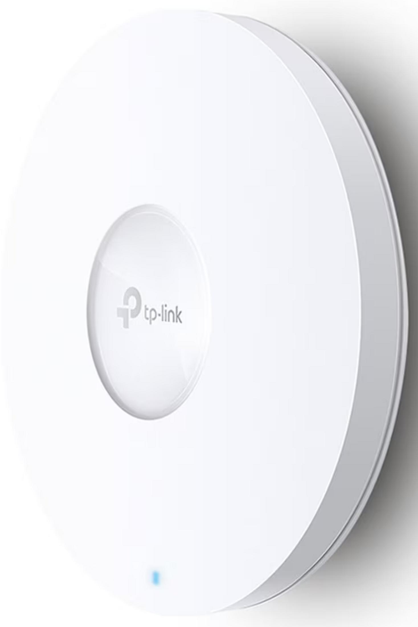 Białe, okrągłe urządzenie TP-Link z niebieskim światłem na dole.