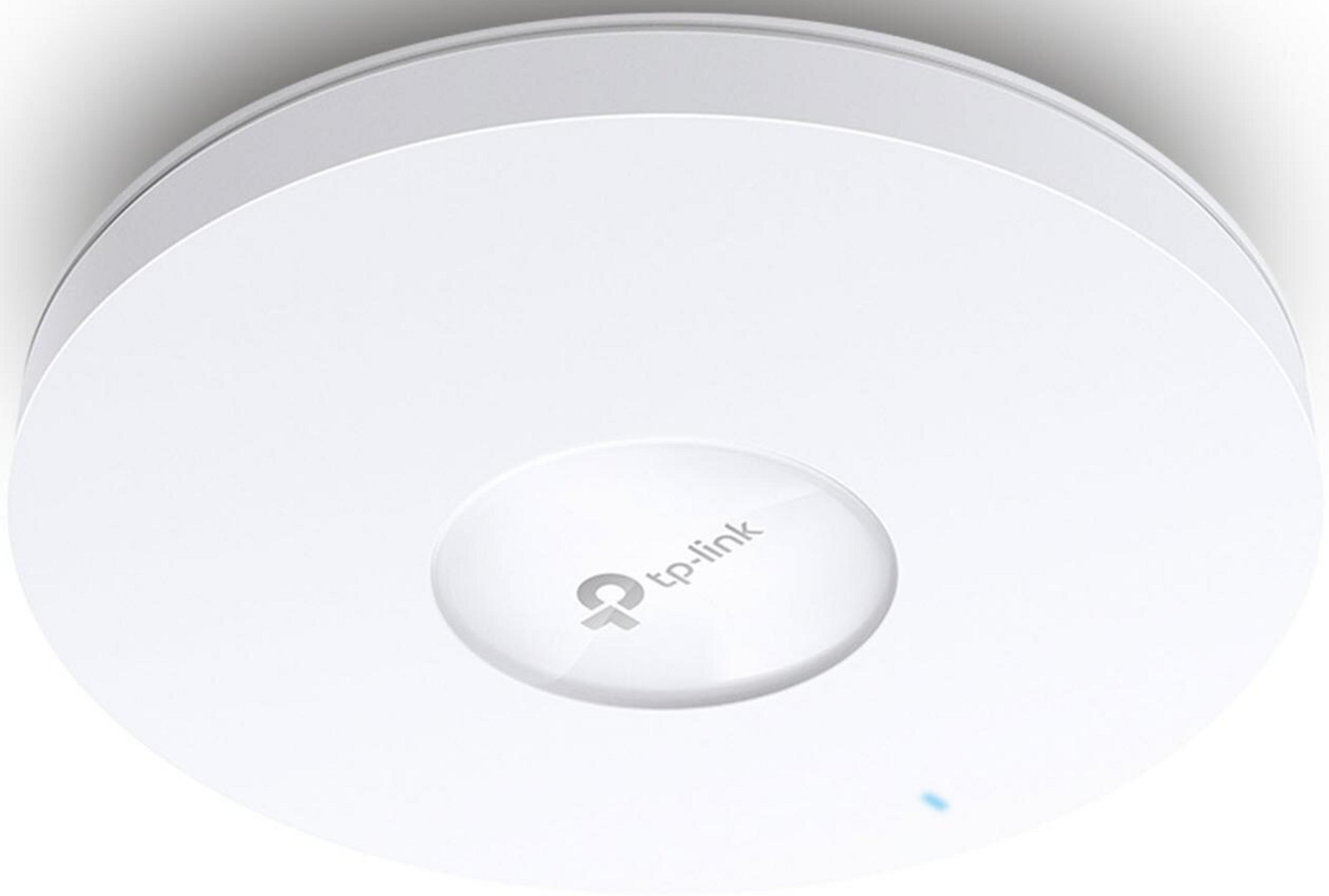 Biały, okrągły router TP-Link z niebieskim światłem.