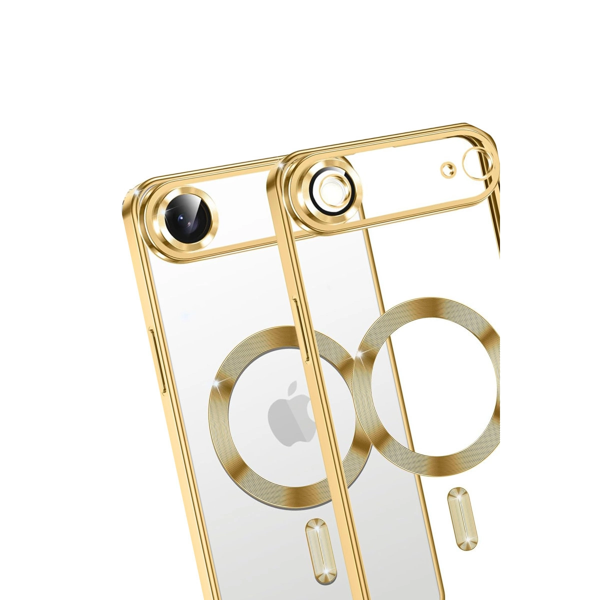 Kamera ve Apple logosu detaylı iki altın renkli şeffaf iPhone kılıfı.